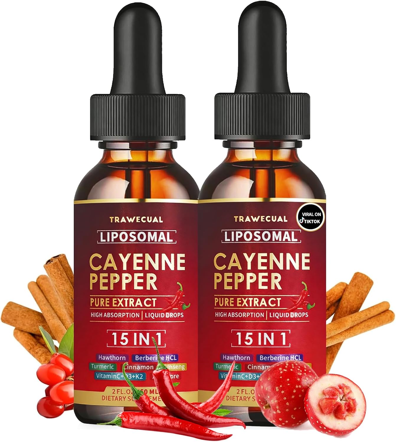 2 Pack Liposomal Cayenne Pepper Drops | 120ml Total, with 15 Natural Ingredients, Vitamin D3, K2, Hawthorn, Berberine, Beet Root, Turmeric – Supports Digestion & Circulatory Health – 4 Fl Oz /2 Months