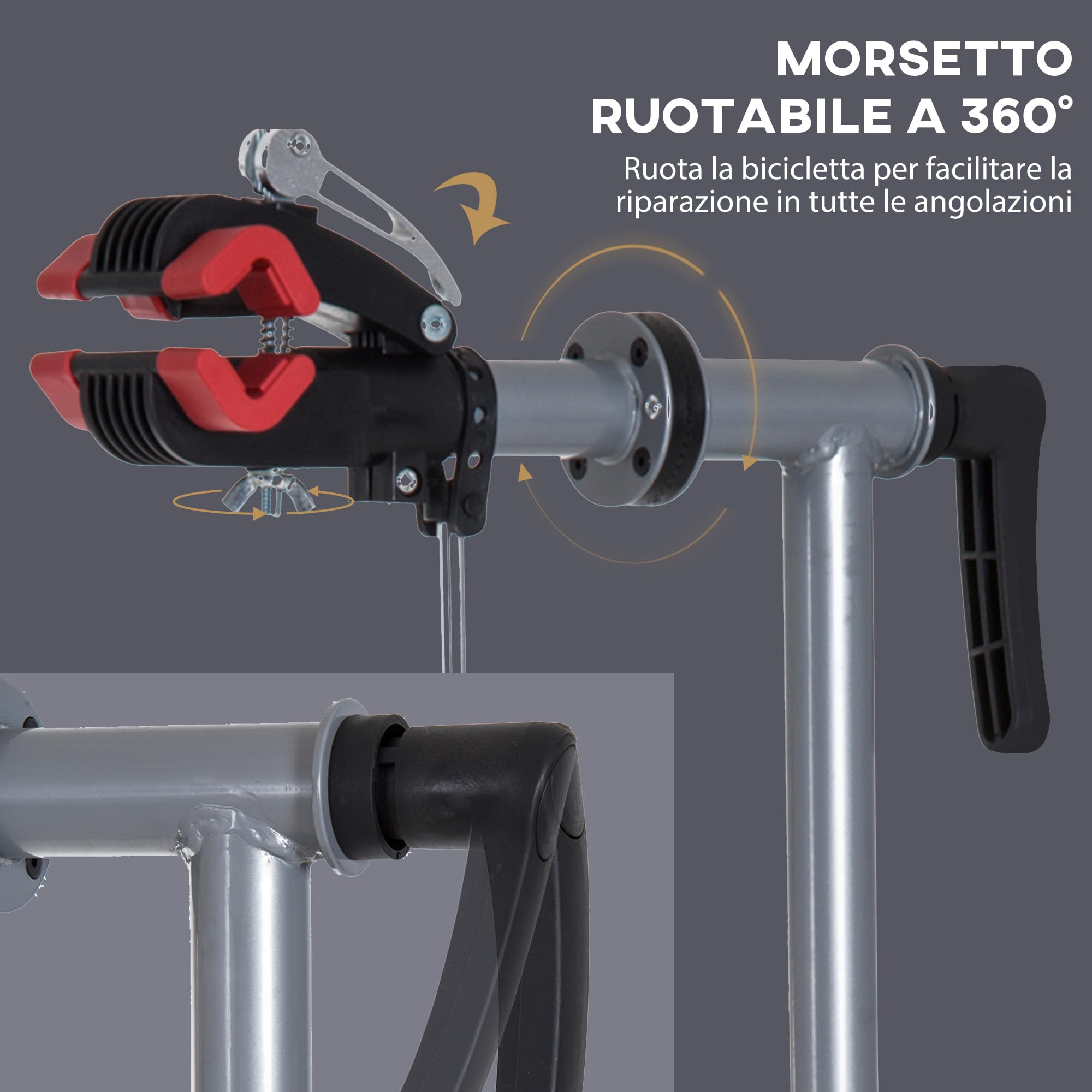 HOMCOM Cavalletto per Riparazione Bici, Cavalletto Bicicletta Pieghevole, Supporto per Manutenzione Bici Girevole a 360° con Vassoio Porta Utensili, Altezza Regolabile 109-180cm, Nero