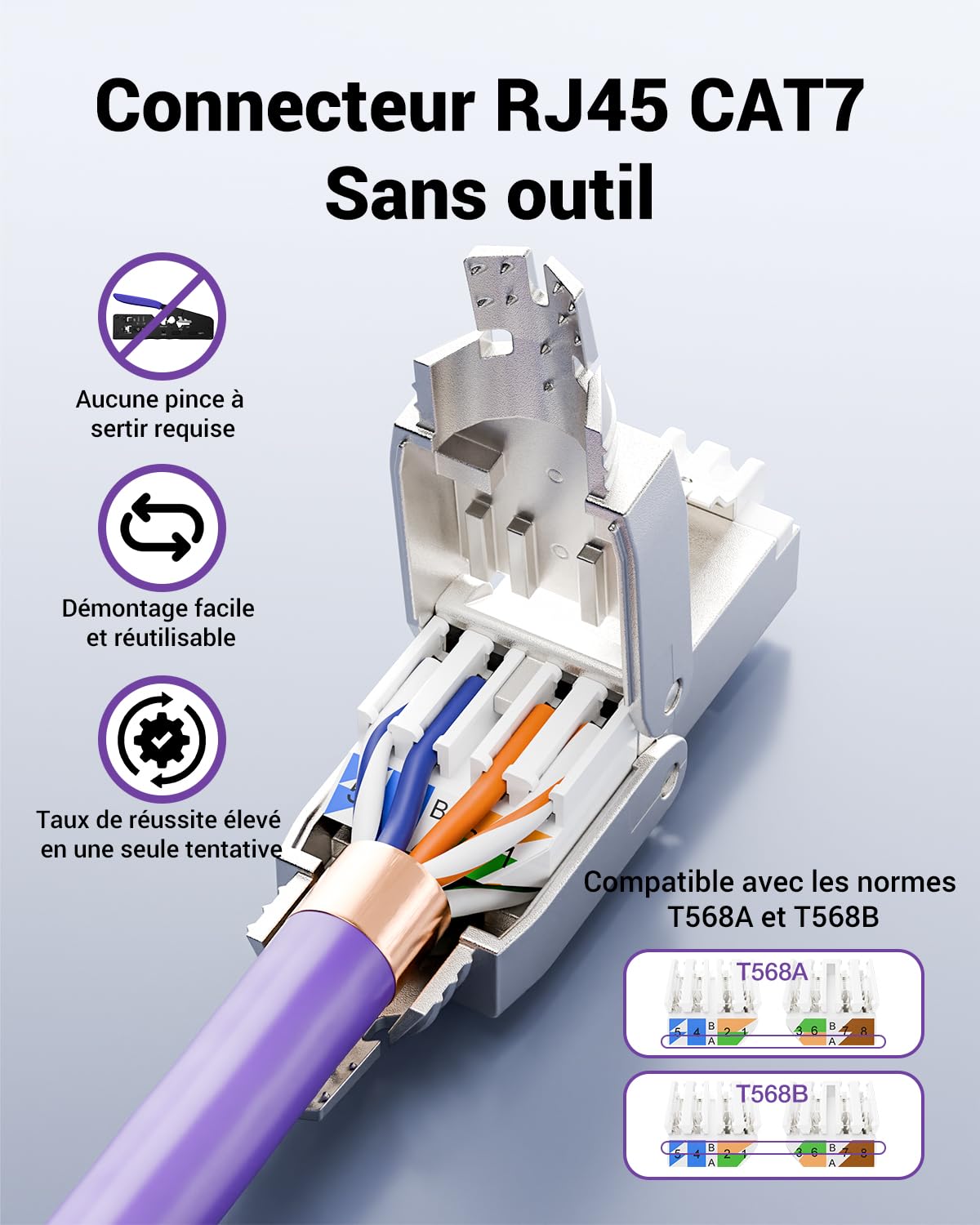 VCELINK Connecteur RJ45 sans Outil Cat7 Blindé, Support PoE, 12 Pièces | 10 Gbit/s 600 MHz, Plaqué Or Fiche RJ45 Blindé pour Câble Cat7 Cat6A Cat6 d'Installation, Prise Réseau Réutilisable