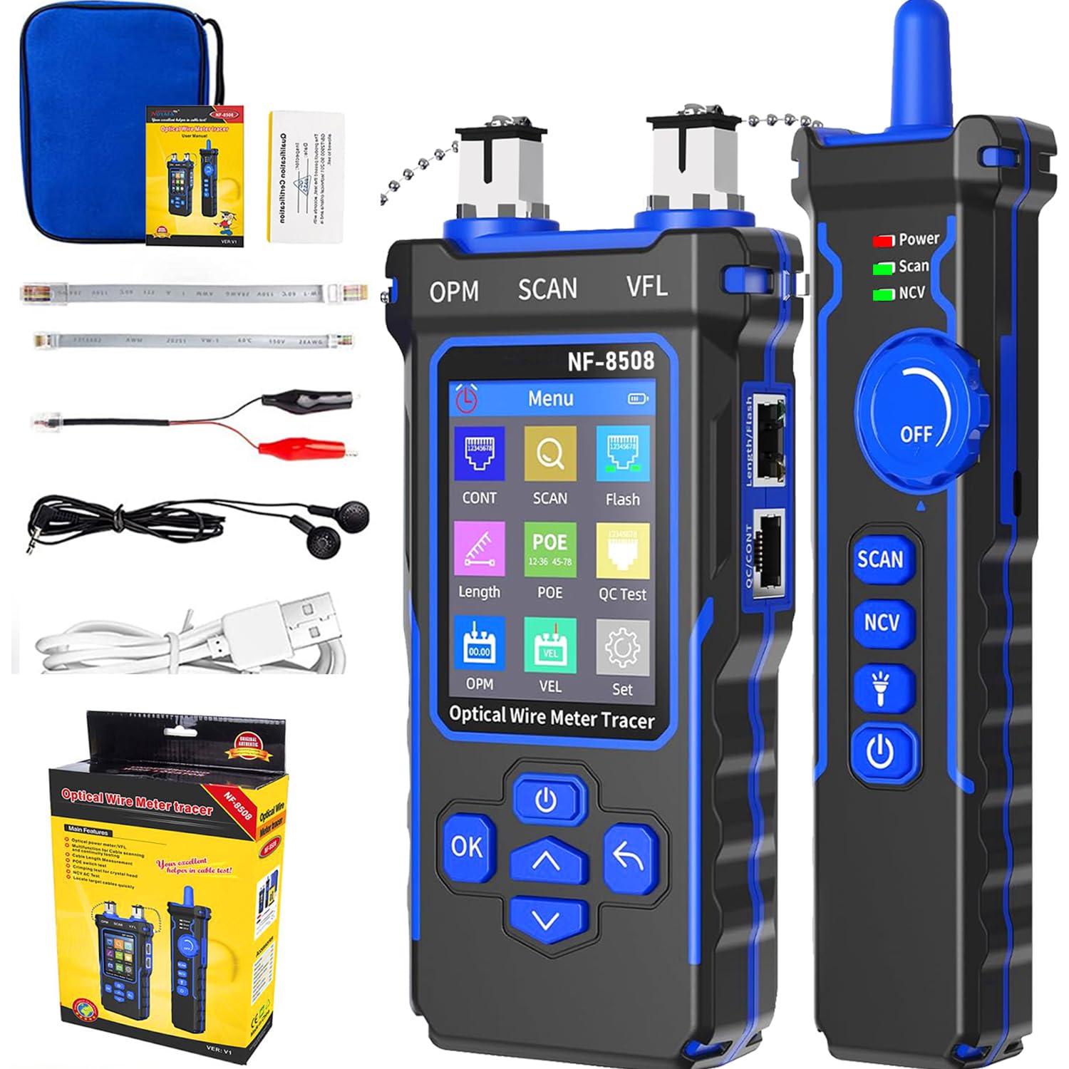 NF-8508 Network Cable Tester with Optical Power Meter POE/NCV/RJ11 RJ45/CAT5 CAT6 Cable Toner Ethernet Tester,Length Measurement,Fiber Find Fault Test