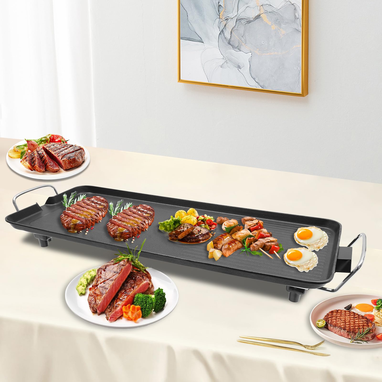 Barbacoa eléctrica, portátil, con 5 niveles de temperatura, 68 x 28 cm | 1500 W y revestimiento antiadherente, para camping, jardín y picnic