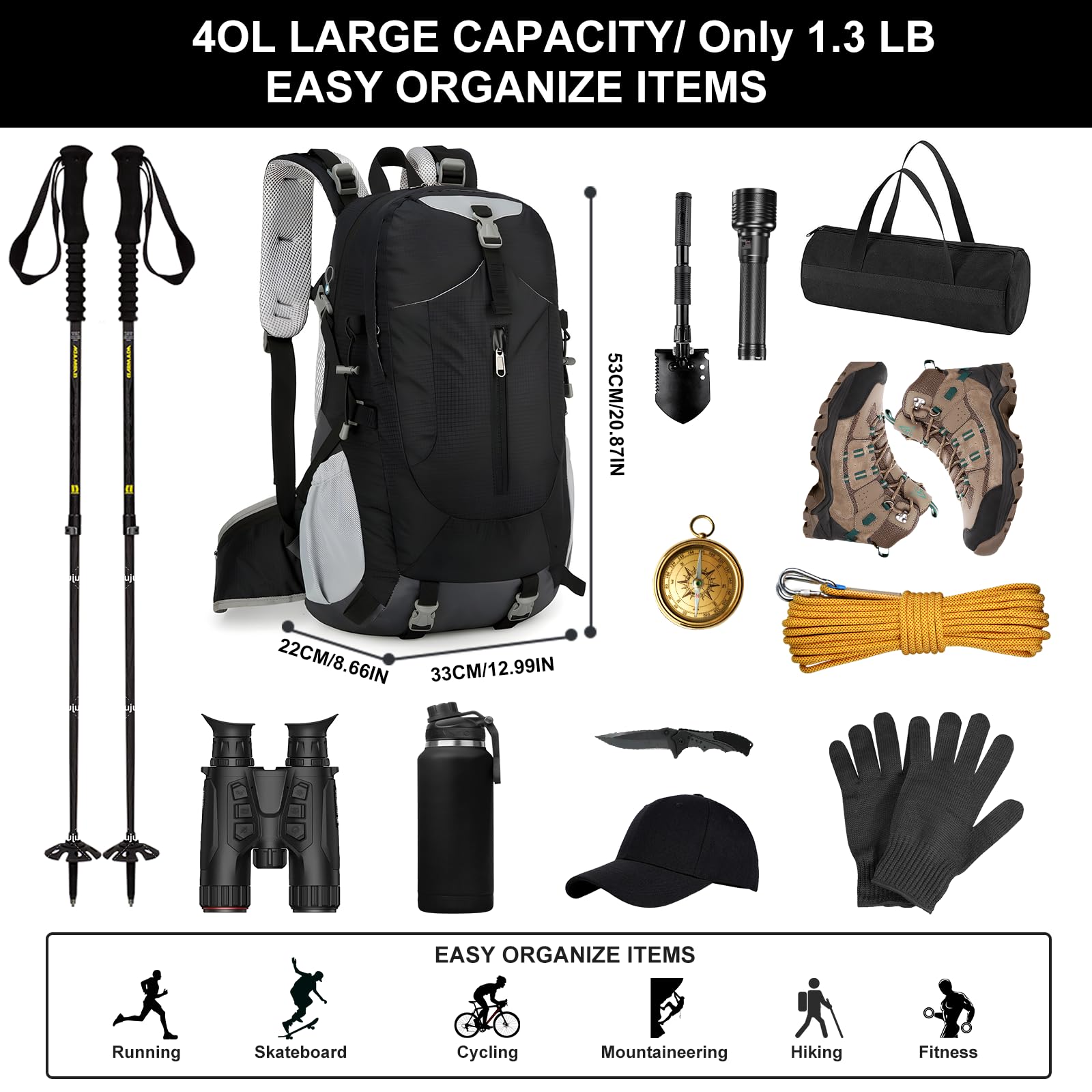 Long Keeper 40L Wanderrucksack Herren Damen Trekkingrucksack Reiserucksack Groß Outdoor Rucksack mit Regenschutz Wasserdicht für Wandern Radfahren Reise