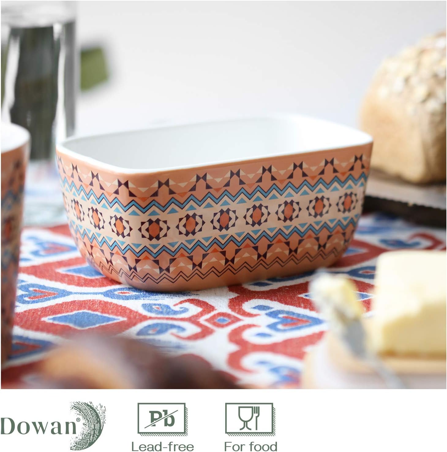 DOWAN Butter Dish with Lid, Bohemian Style Butter Container with Wooden Lid for Counter top, Porcelain Butter Dish with Cover Perfect for East West Coast Butter, Refrigerator Safe, Orange