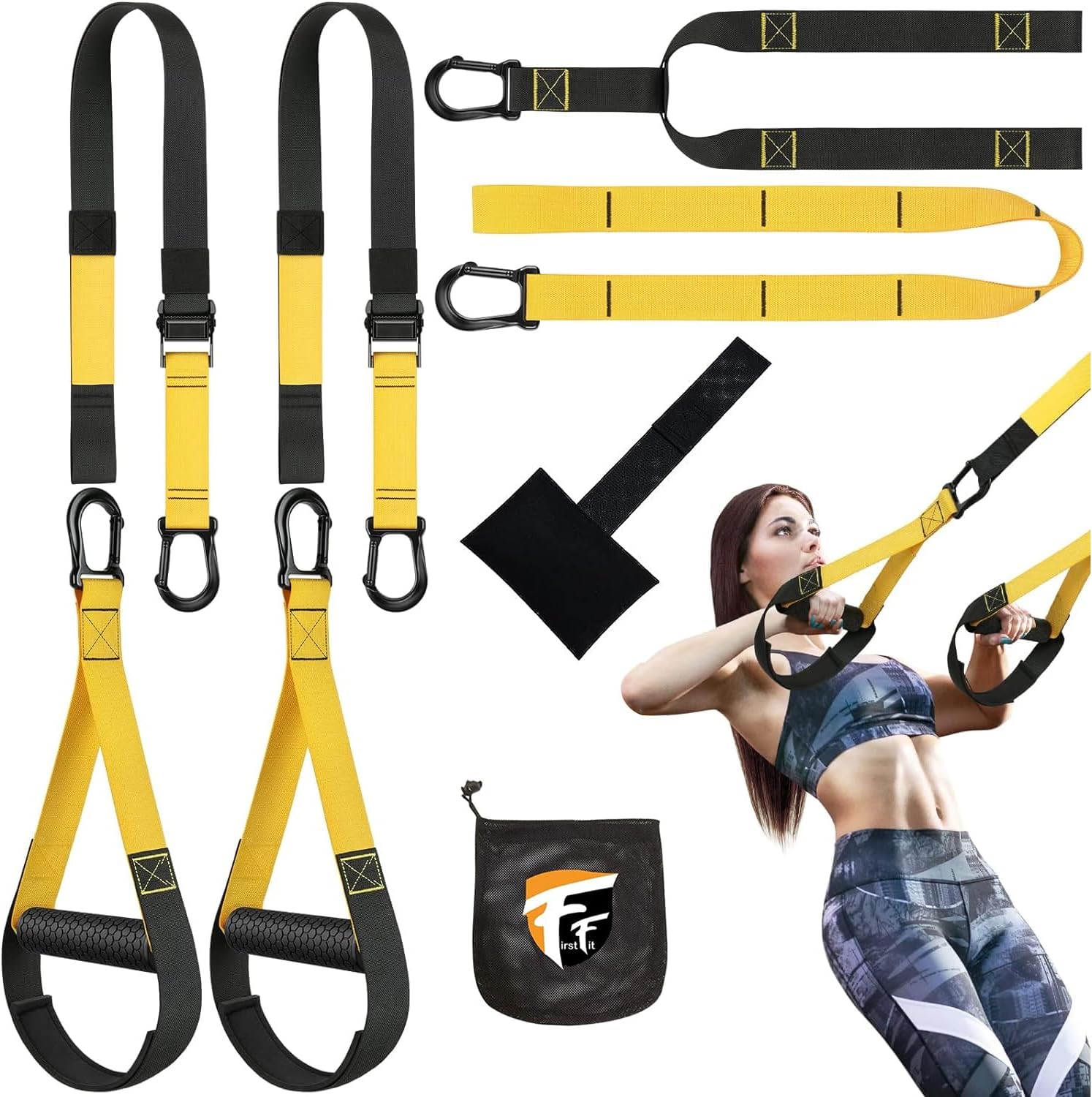 FirstFit Suspension Training Kit, All-in-One Full Body Workouts for Home, Travel, Outdoors, Gym - Bodyweight Resistance System - Build Muscle, Improve Cardio Kit Combo for Men & Women