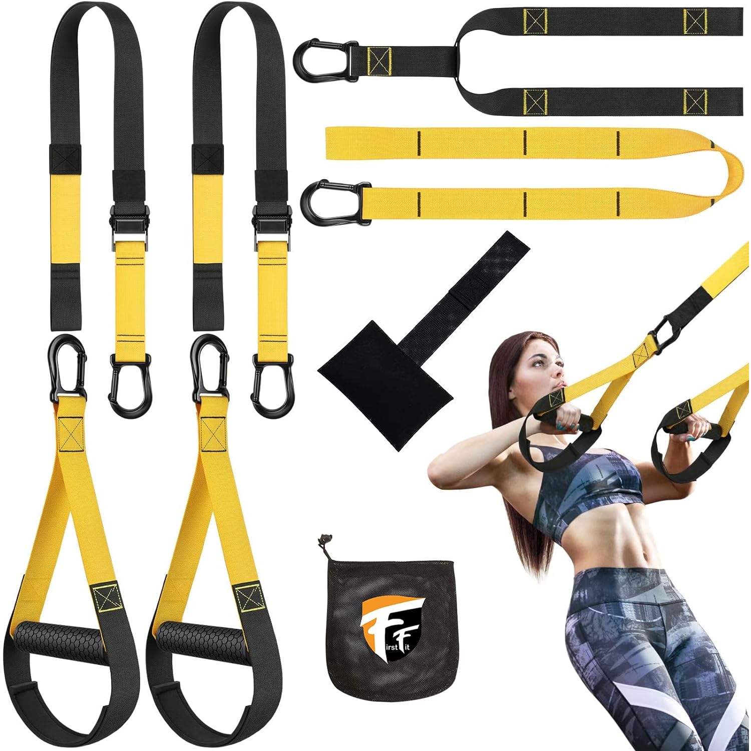 FirstFit Suspension Training Kit, All-in-One Full Body Workouts for Home, Travel, Outdoors, Gym - Bodyweight Resistance System - Build Muscle, Improve Cardio Kit Combo for Men & Women
