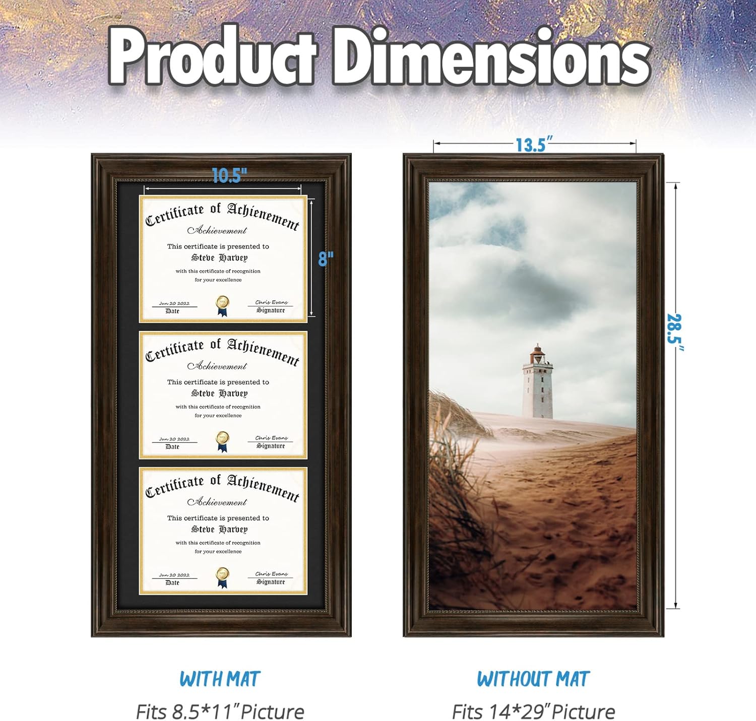 AUEAR,14x29 Triple Diploma Frame with 3 Openings for Three 8.5x11 Certificates,Wall Display and Real Glass(Color Brown)