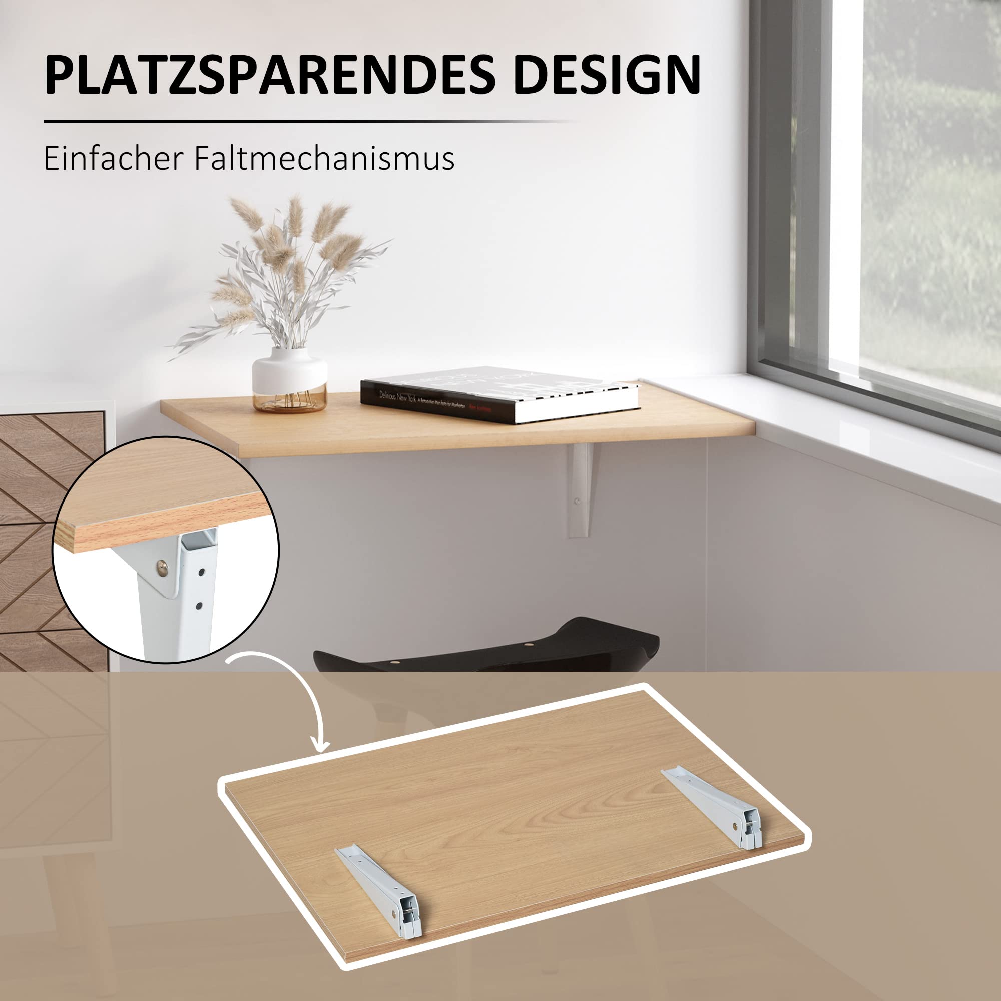 HOMCOM Wandklapptisch – Mit Ablageflächen, Klappbar, Platzsparend, Weiß