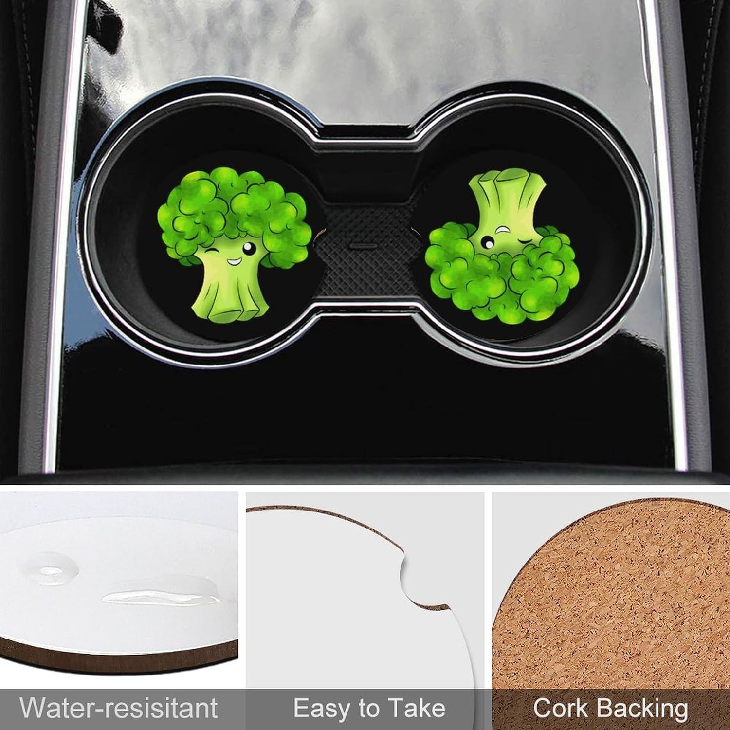 Funny Cartoon Broccoli Car Coasters for Cup Holders Wood Drink Coaster Interior Auto Accessories image 5