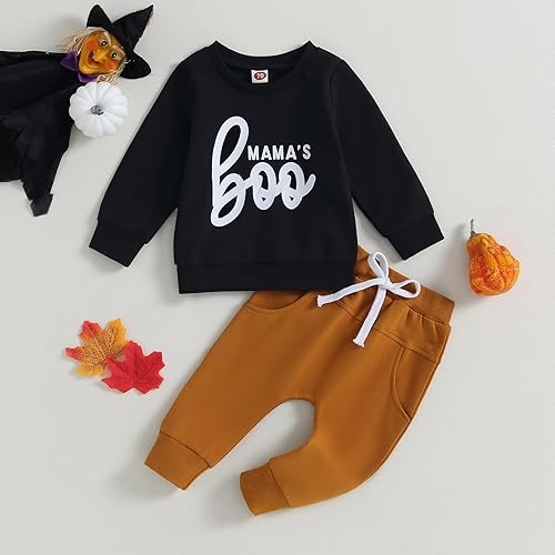 Miniatura 2 de mlpeerw Conjunto de Halloween para bebé, niño, My First Halloween Boo, conjunto de letras impresas para niños pequeños, sudadera y pantalones para