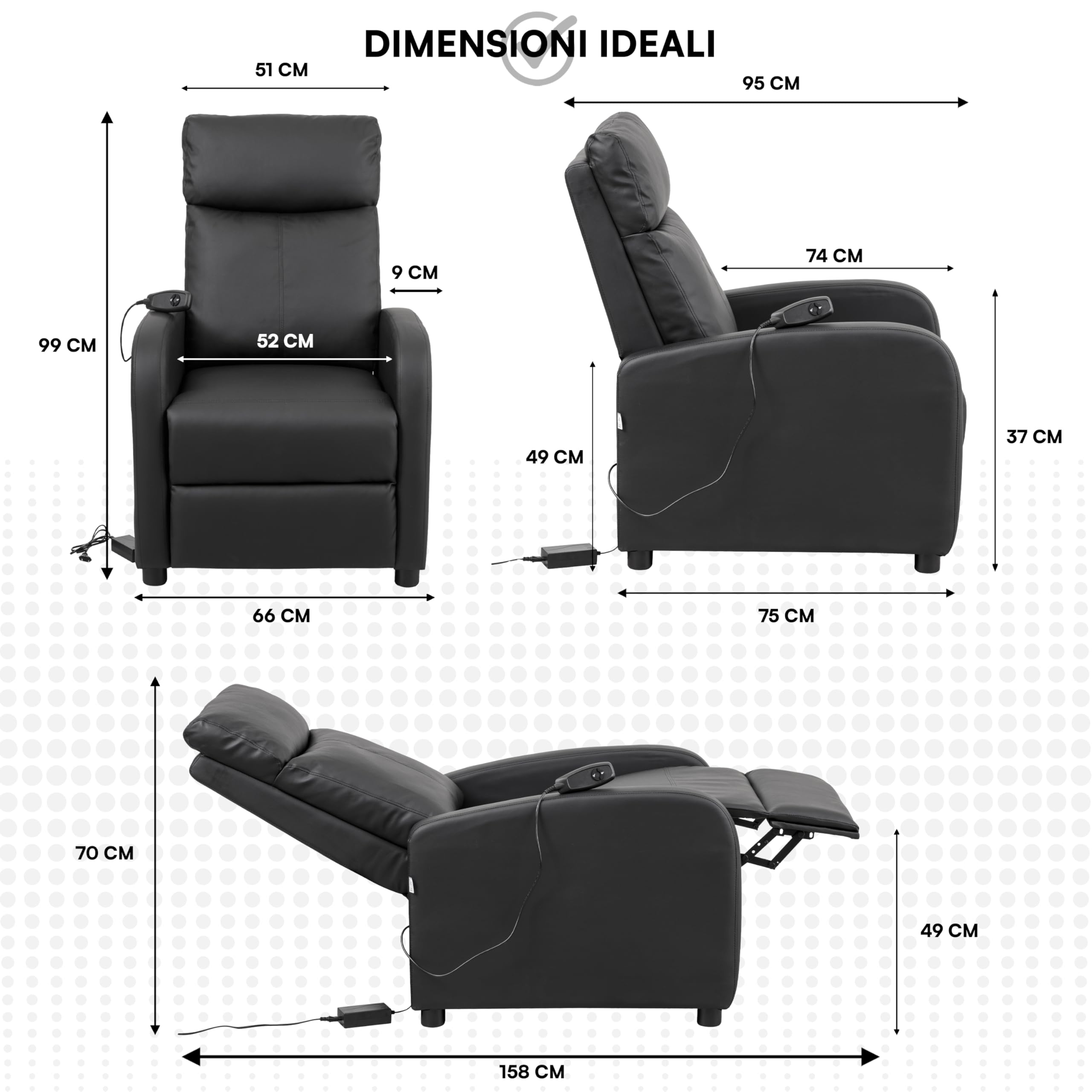 Baroni Home Fauteuil Reclinable Push-Back – Rembourrage Soft Foam – Repose-Pieds – Antidérapant – Noir 66x75x99 Cm