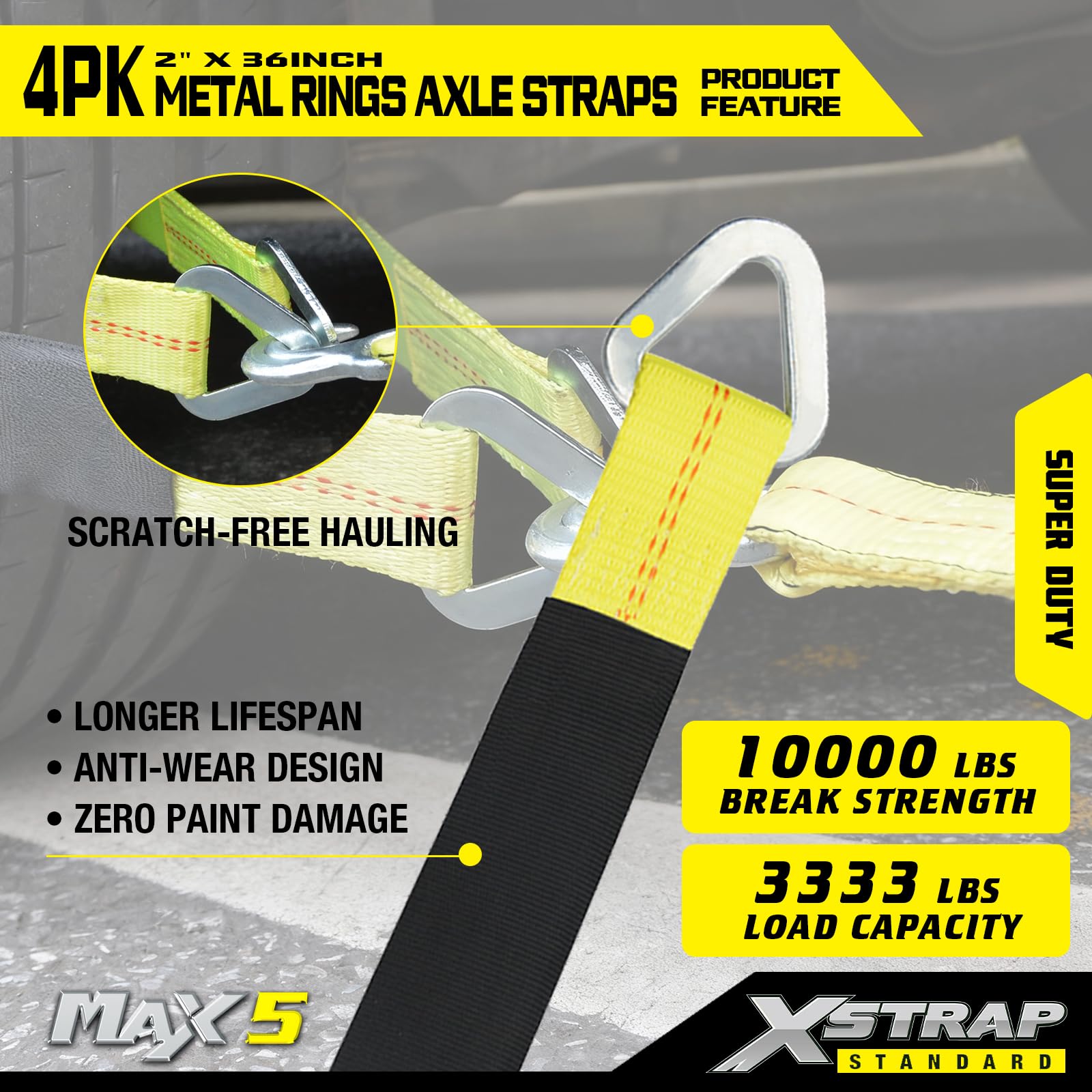 XSTRAP pasek na oś 91 x 5 cm, z tuleją ochronną i pierścieniem D do zabezpieczenia transportu samochodu, paski do mocowania osi - 1,511 kg, pojemność 10 000 sztuk wytrzymałości na rozerwanie