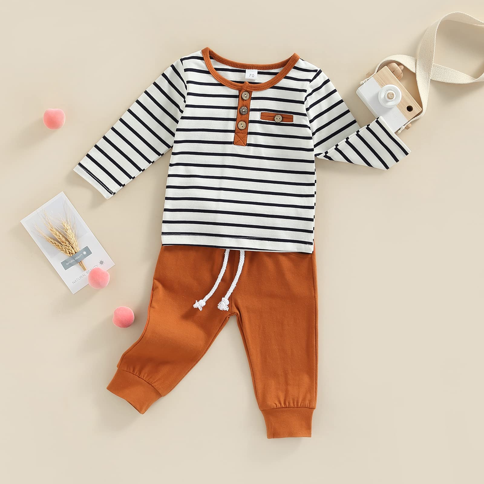 Infant Baby Boy Spring Fall Outfit Long Sleeve Striped T-Shirt Tops Solid Pants Two Piece Clothes Set (Brown, 0-6 Months)