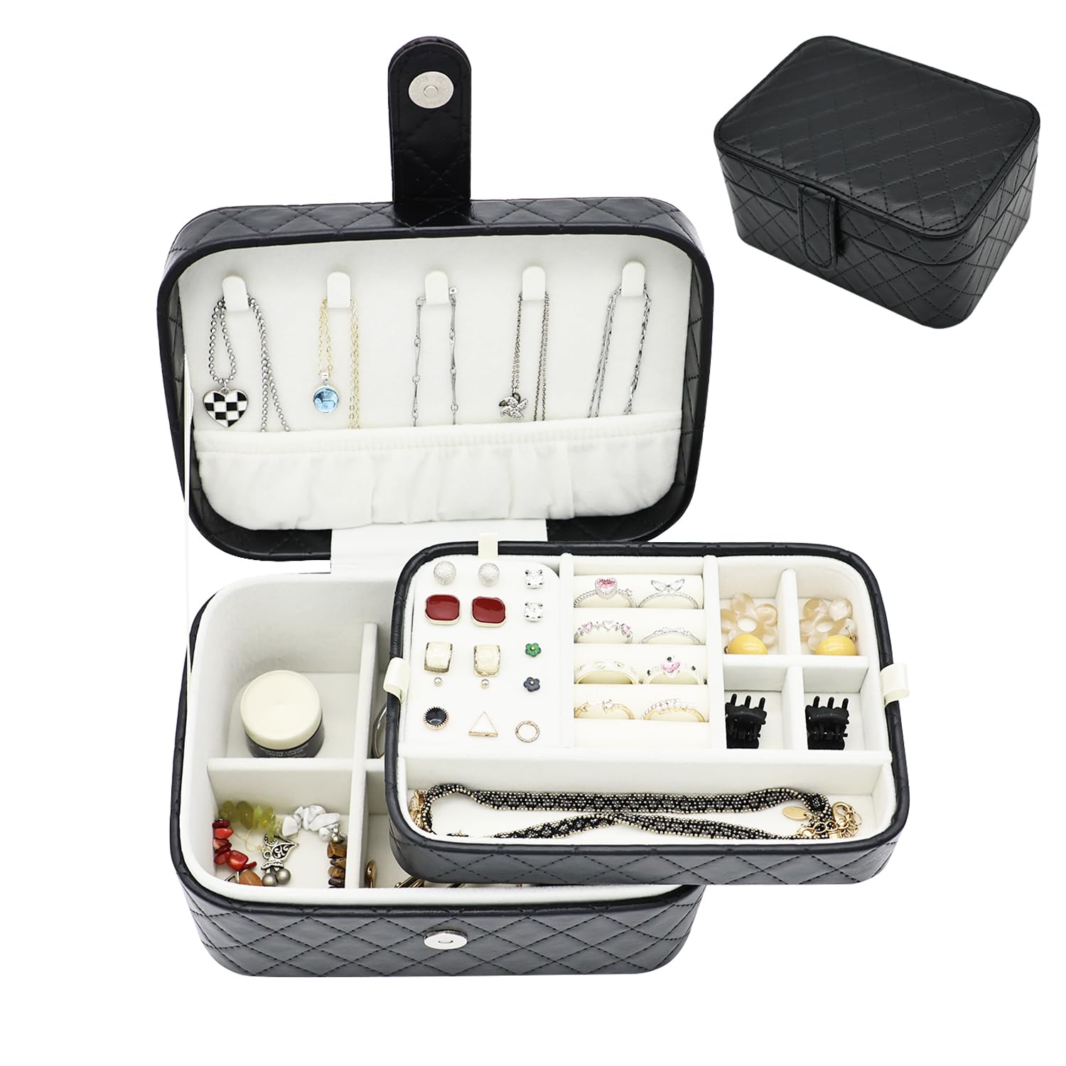 Boxudeli Reise Schmuckkästchen, 2-Ebenen Schmuck-Organizer, Mittelgroße Reise Schmuckschatulle, Tragbare Schmuckaufbewahrungsboxen aus Kunstleder mit Argyle-Muster für Damen (Reinschwarz)