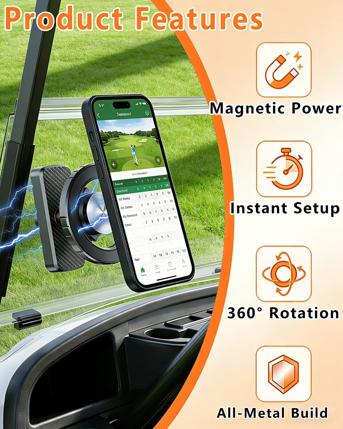 Golf Cart Seat Cover & Phone Holder Set, 360° Magnetic Mount for Club Car, Waterproof Seat Cover with 3 Pockets, Golf Accessories Gifts for Men Dad, Grey