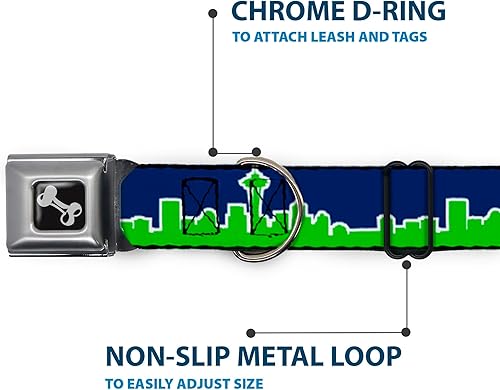 Miniatura 5 de Collar de perro hebilla de cinturón de seguridad Seattle Skyline azul marino verde brillante 13 a 18 pulgadas 1.5 pulgadas de ancho