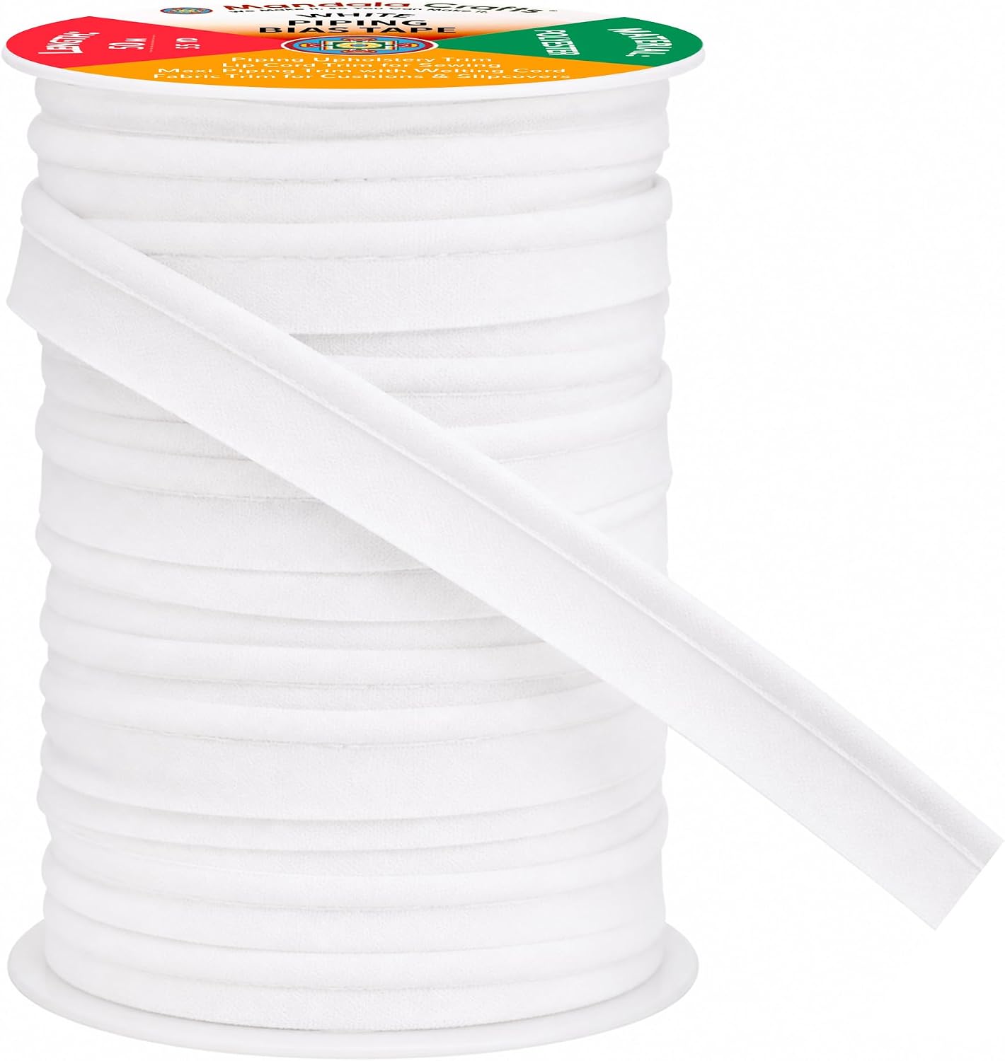 Mandala Crafts White Maxi Piping Bias Tape with Welting Cord - 1/2 Inch Upholstery Piping Trim for Sewing, Cushions, Slipcovers, and DIY Decor - 55 Yards Lip Cord Trim