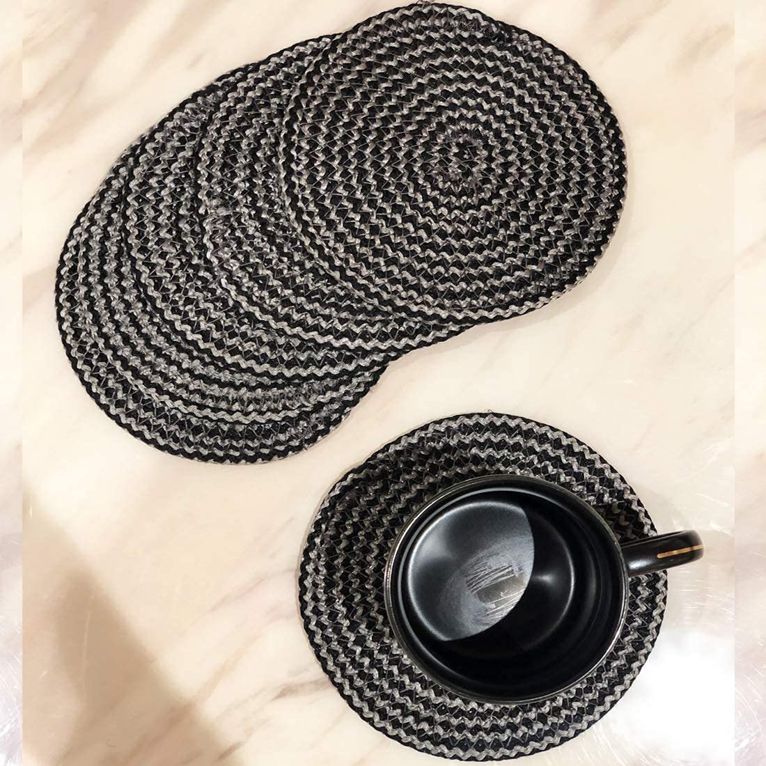 Polypropylene Round Coaster Set (6 PCS Set) Machine Washable Absorbent Size: 5 inch Diameter (Black-Grey Melange)-image-3