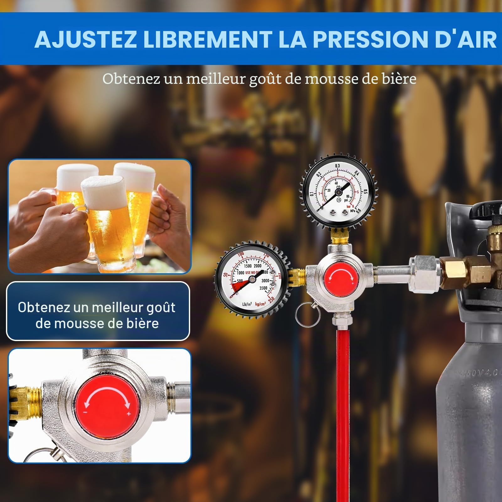 Détendeur Bière Régulateur de Pression CO2, avec Double Manomètre | en Alliage de Cuivre et d’aluminium, Raccord W21,8 x 1/14", pour Distributeurs de Bière, Brassage de Bière, Tireuse à Bière