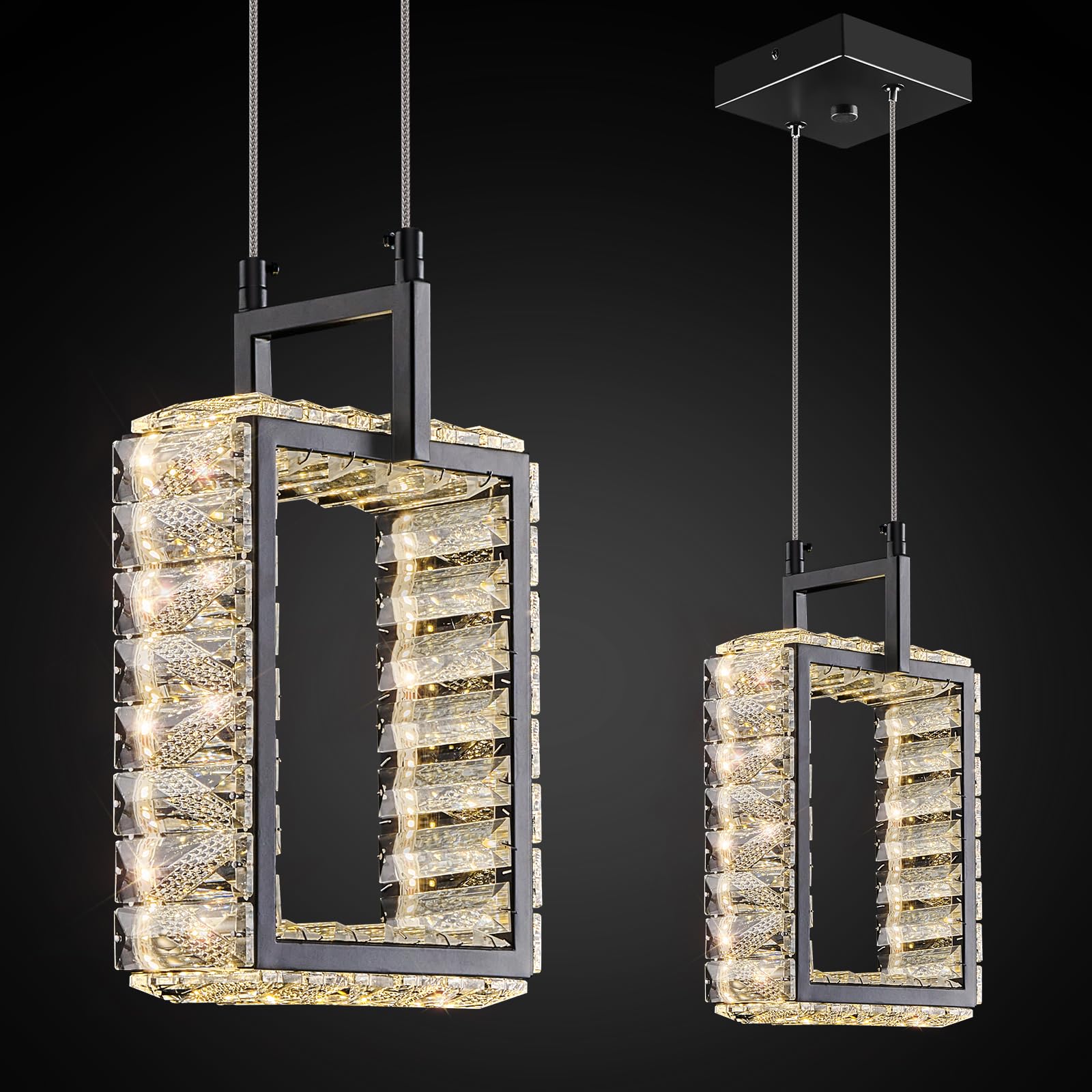 zhllmq Kitchen Island Mini Light Fixture Modern Led Crystal Pendant Light Black Rectangle Chandelier for Dining Room Living Room Kitchen Bedroom Bar（1