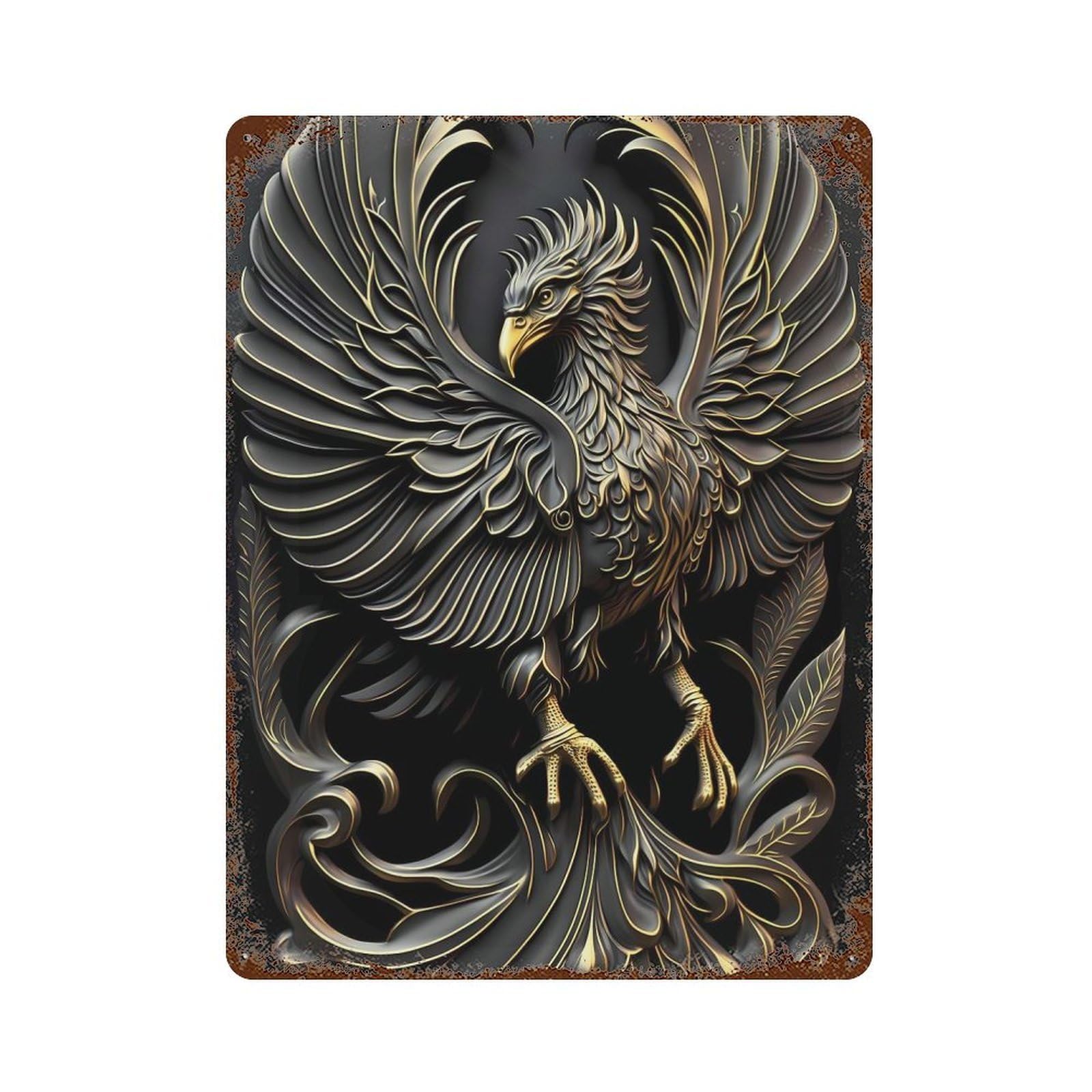 Mighty Golden Phoenix Deco Retro Metal Sign 15.7"x11.8", Decorative Metal Wall Art for Basement, Hobby Room And Garage Decor