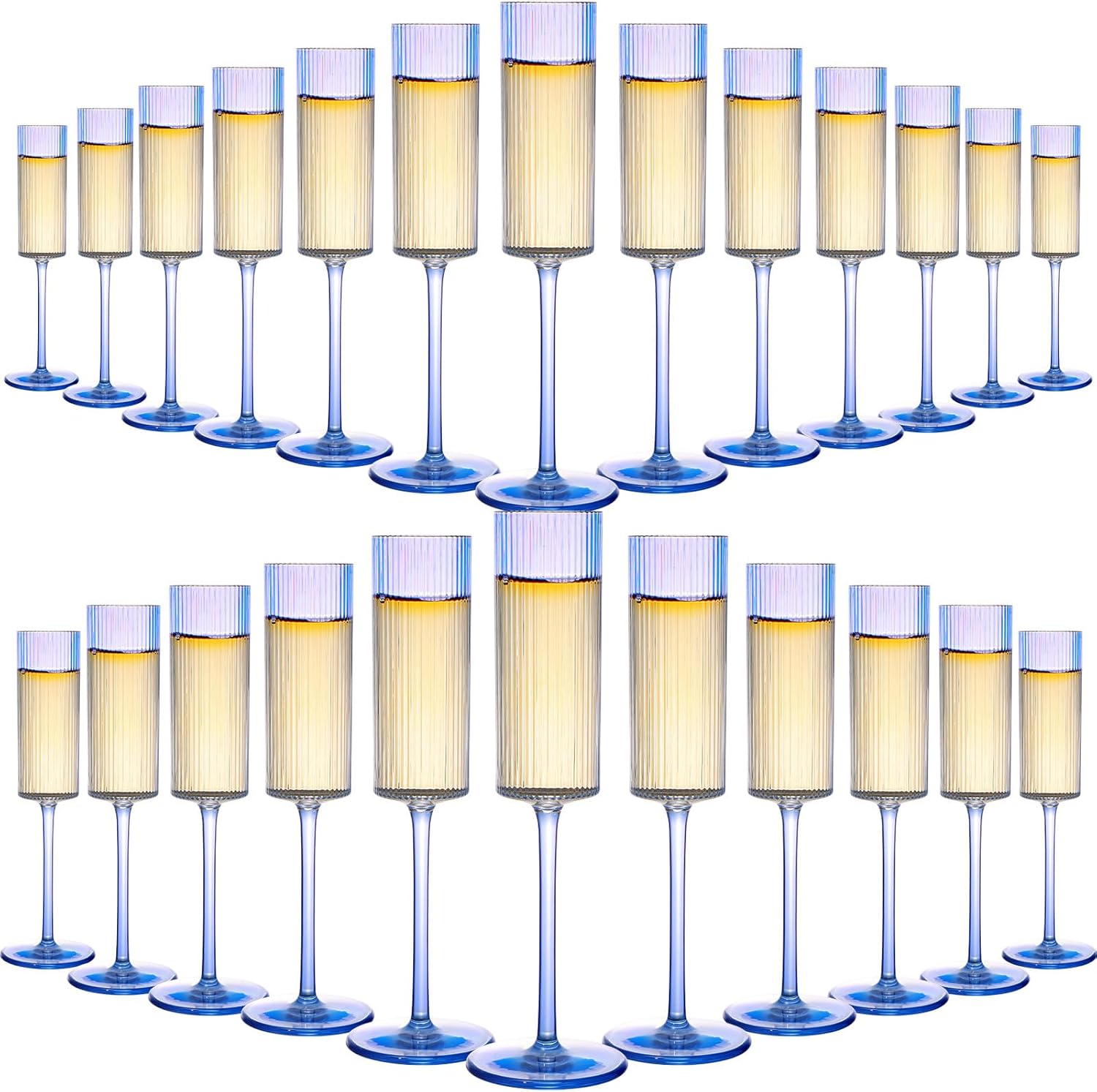 24 Pcs Blue Champagne Flutes 6 oz Ribbed Plastic Champagne Glasses with Long Stem Crystal Disposable Cocktail Cups for Party, Wedding, Birthday (Blue)