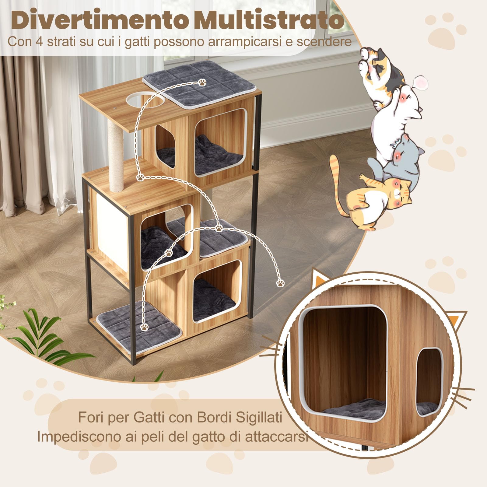 GYMAX Albero per Gatti in Legno con Struttura in Metallo, Condominio e Piattaforma, Pali Tiragraffi in Sisal, Cuscini Lavabili, Torre a Più Livelli, Mobile per Arrampicamento (75 x 45 x 133 cm)