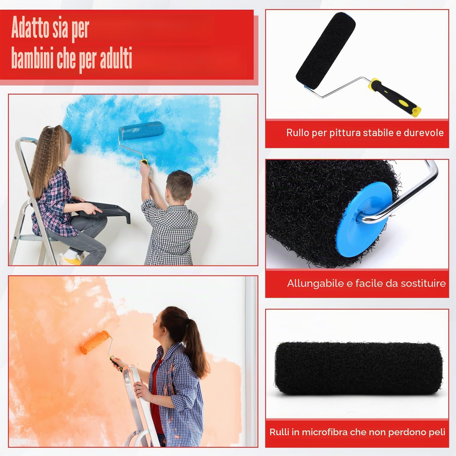 Spatole per Stucco Kit, Set di Strumenti per Finitura con 3 Raschietti (25cm+40cm+60cm), Rullo Anti-pelucchi e Asta di Prolunga, per Appiattire Pareti e Soffitti di Superficie