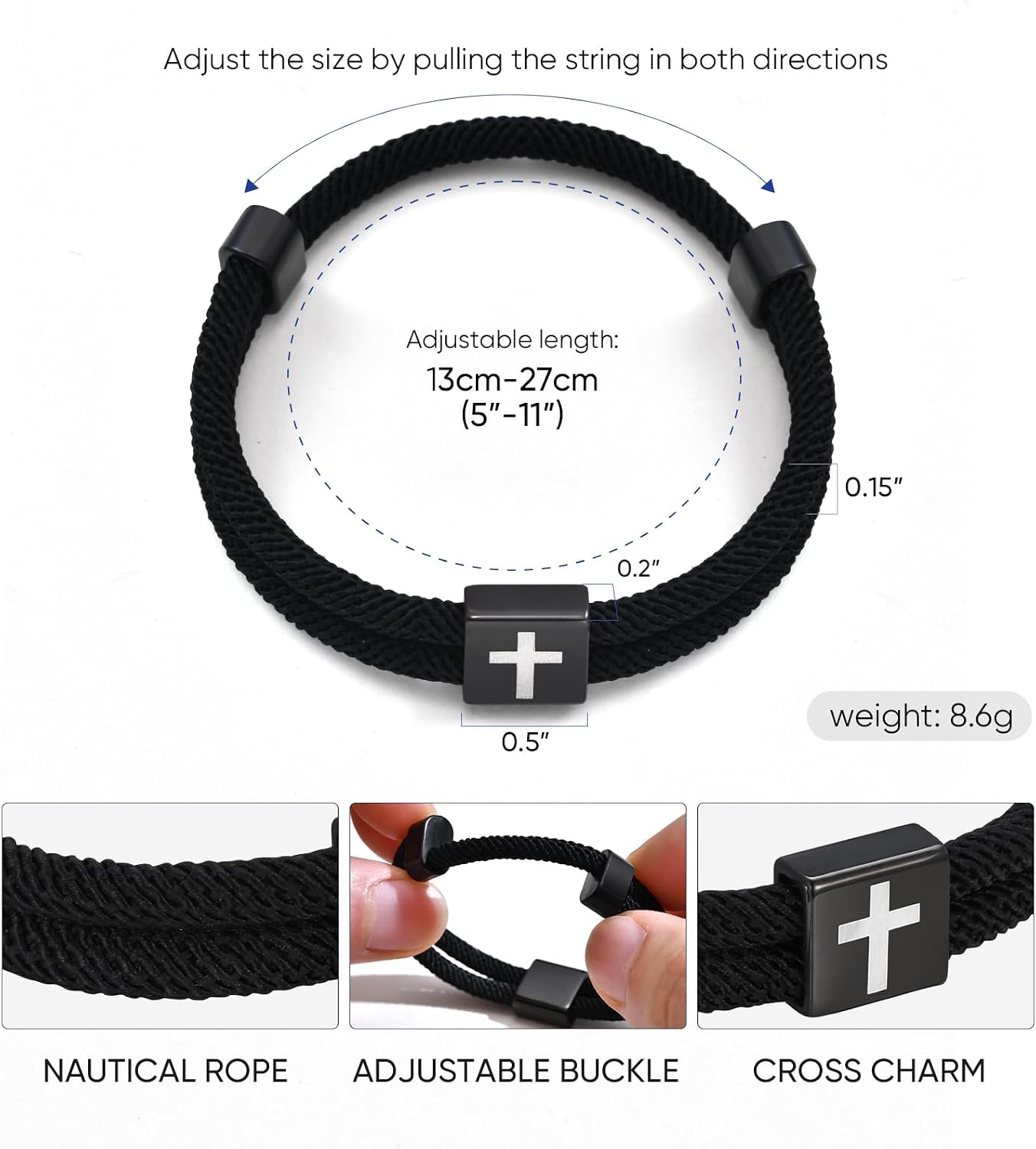 TempBeau Christian Cross Rope WWJD Bracelet Set - 1/2/4/6/12Pcs Braided Cord Bracelet for Men Nautical Surf Beach Bracelets Handmade Woven String Friendship Bracelets Jesus Religious Gift for Him