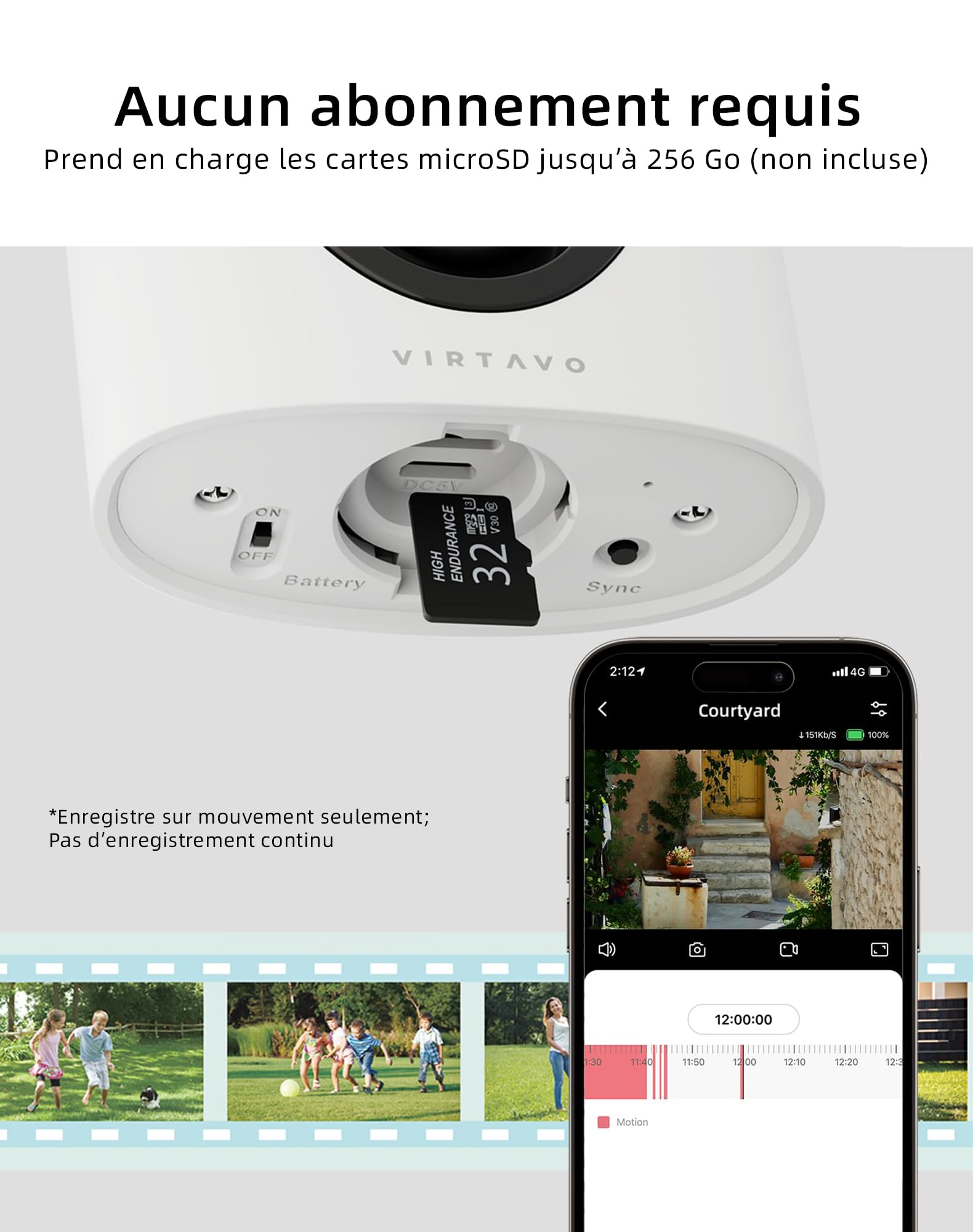 VIRTAVO 2K Camera Surveillance WiFi Extérieure sans Fil Batterie, Vision Nocturne Couleur Starlight, PIR Détection Mouvement, Étanche, Audio Bidirectionnel, VF1