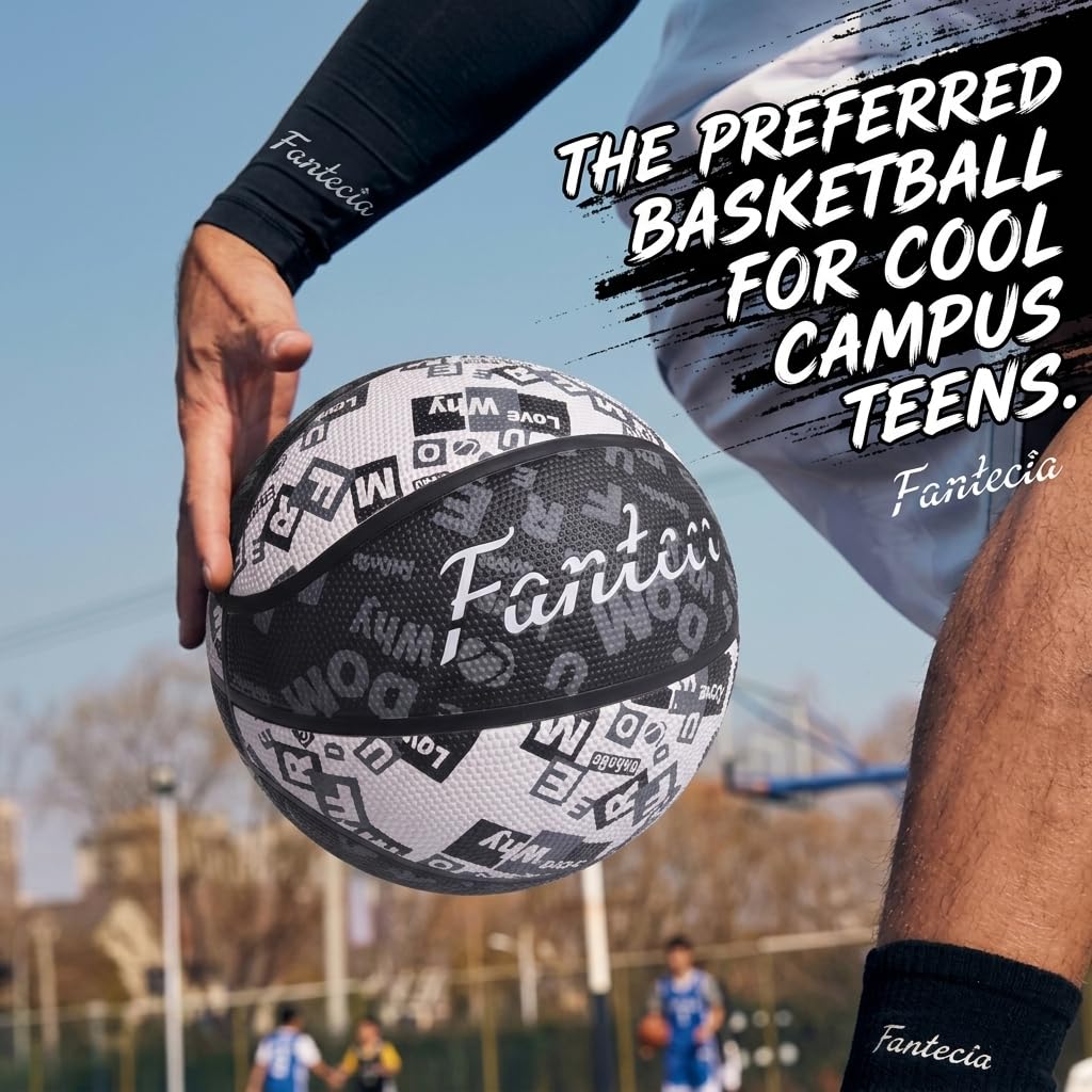 Pallone da basket con pompetta in graffiti bianco e nero, misura 5, perfetto per lo street style