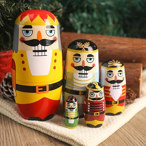 Miniatura 4 de MCPINKY 5 muñecos de anidación de cascanueces, muñecas de anidación de madera de Navidad hechas a mano, juguete apilable Matryoshka para Navidad,