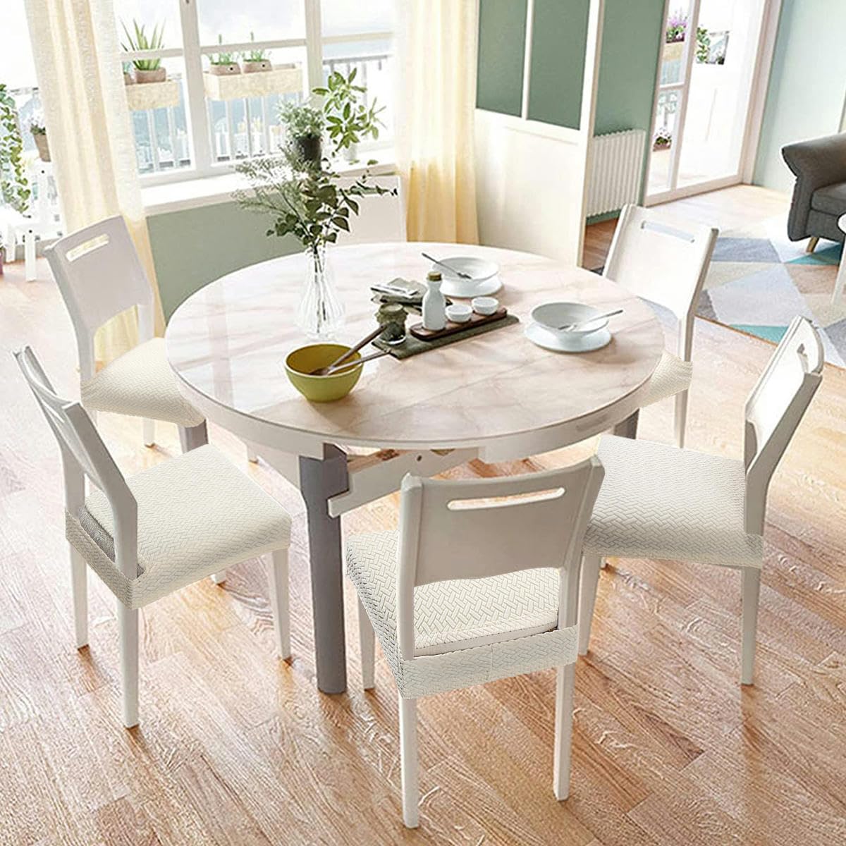Fundas de Asiento de Silla Jacquard elásticas para Comedor Fundas Protectoras de cojín de Asiento de Silla Antipolvo Lavables extraíbles-Caqui-Juego de 6 Piezas