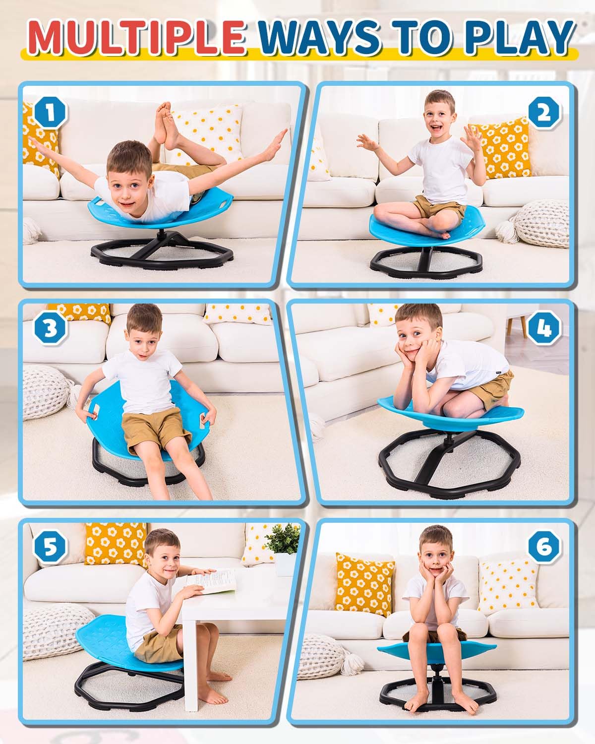 KidBloom Sedia Girevole Bambini Sensoriale con Maniglie, Giochi Sensoriali Autismo, Sedia Girevole con Base Antiscivolo e Rotazione a 360° (Blu)