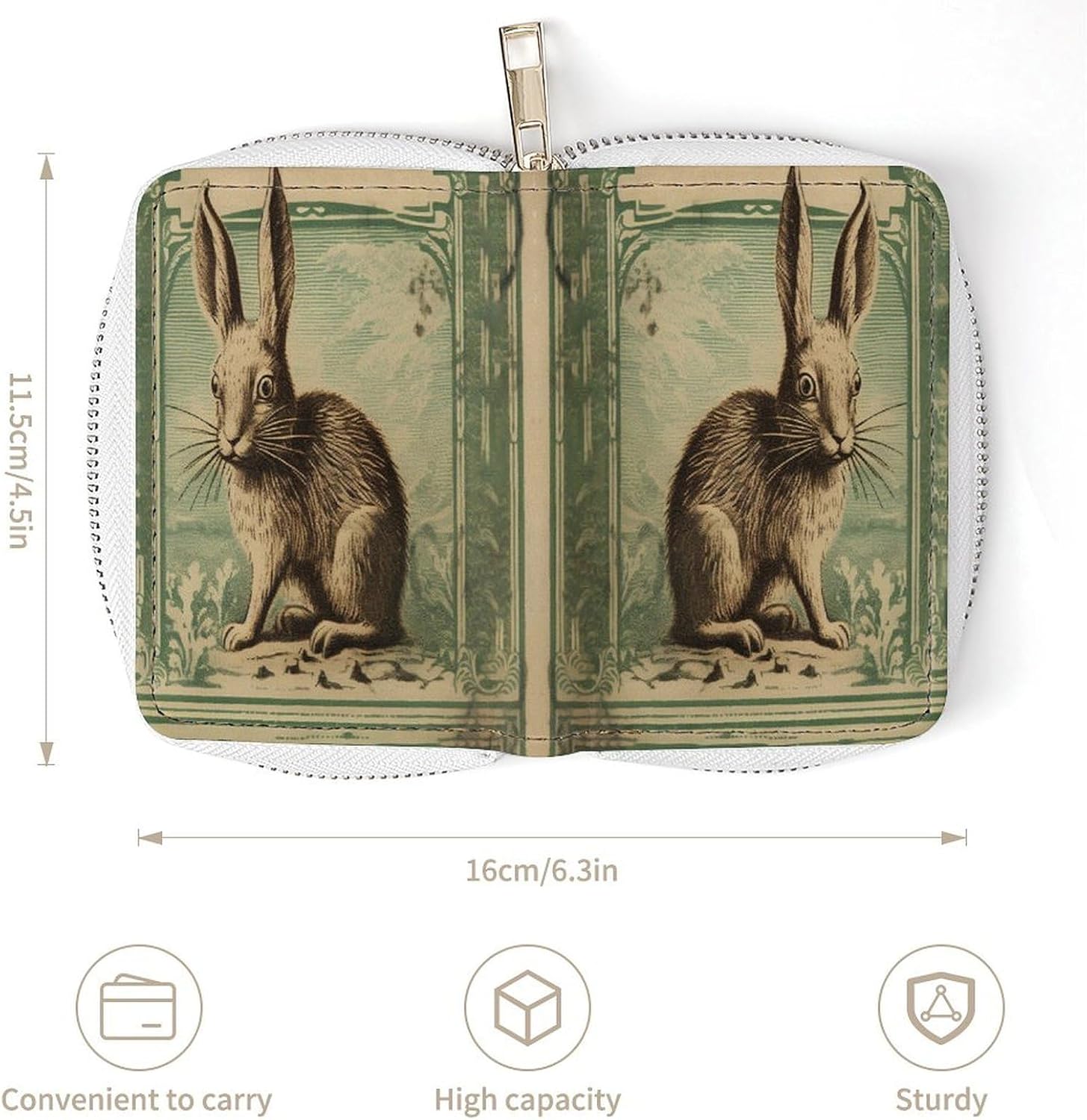 Leather Card Organizer Case Card Wallet Credit Card Holder Retro Style Rabbit Printed Zipper Card Cases Holder for Women Men