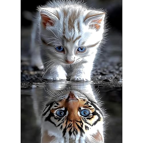 DAERLE Diamond Painting Tiger Reflection of Kitten, Diamond Art Kits for Adults, Cat and Tiger, 5d Diamond Painting Kits for Adults, Gem Art Kits and Crafts for Home Decor 12x16inch/30x40cm - grey