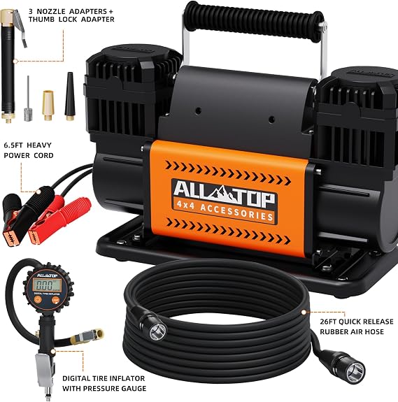ALL-TOP Dual Cylinder Air Compressor with Digital Pressure Gauge Tire Inflator Kit, 12V Portable Inflator 12.35ft3/Min, Offroad Air Pump for Truck Tires, Heavy Duty Max 150 PSI for 4x4 Vehicle & RV