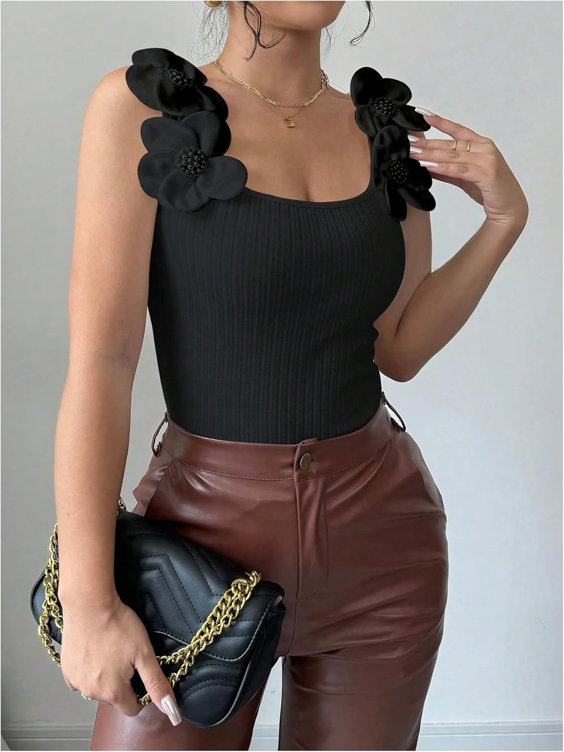 SweatyRocks Women's 3D Floral Fitted Tank Top Scoop Neck Sleeveless Ribbed Knit Tops - Image 4