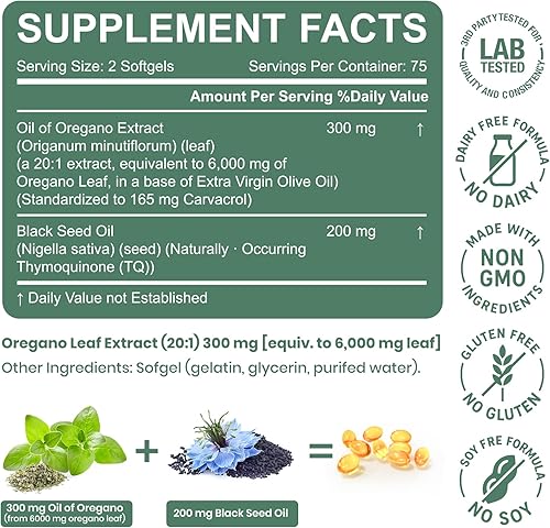 Miniatura 2 de Aceite de cápsulas blandas de orégano, aceite de orégano con aceite de semilla negra, apoyo inmunológico y antioxidante, Carvacrol de alta potencia,