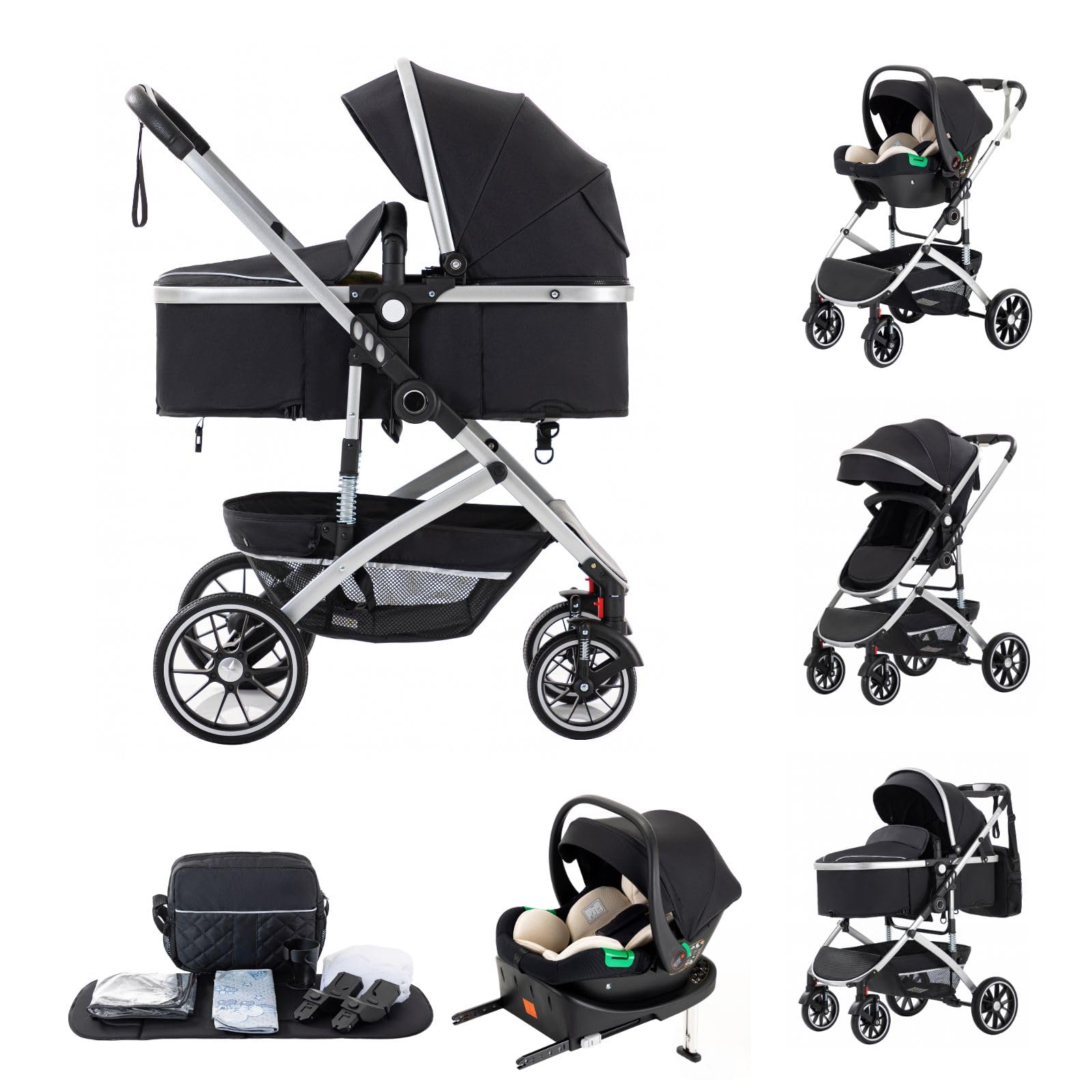 3 In 1 Passeggino, Carrozzina Con Base ISOFIX, Pieghevole Con Un Click, Sospensione 4 Ruote, Tutto Terreno, Copertura Antipioggia, Zanzariera, Passeggino Elevato Per Neonati Da 0-4 Anni, 22 Kg