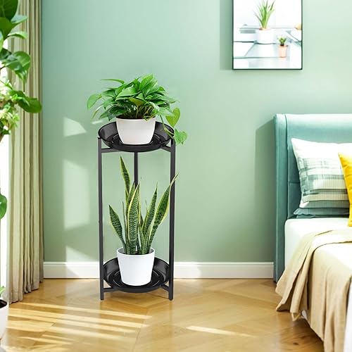 Miniatura 5 de Soporte de metal para plantas de 2 niveles para interiores, estante alto redondo de esquina negra para múltiples plantas al aire libre, soporte para