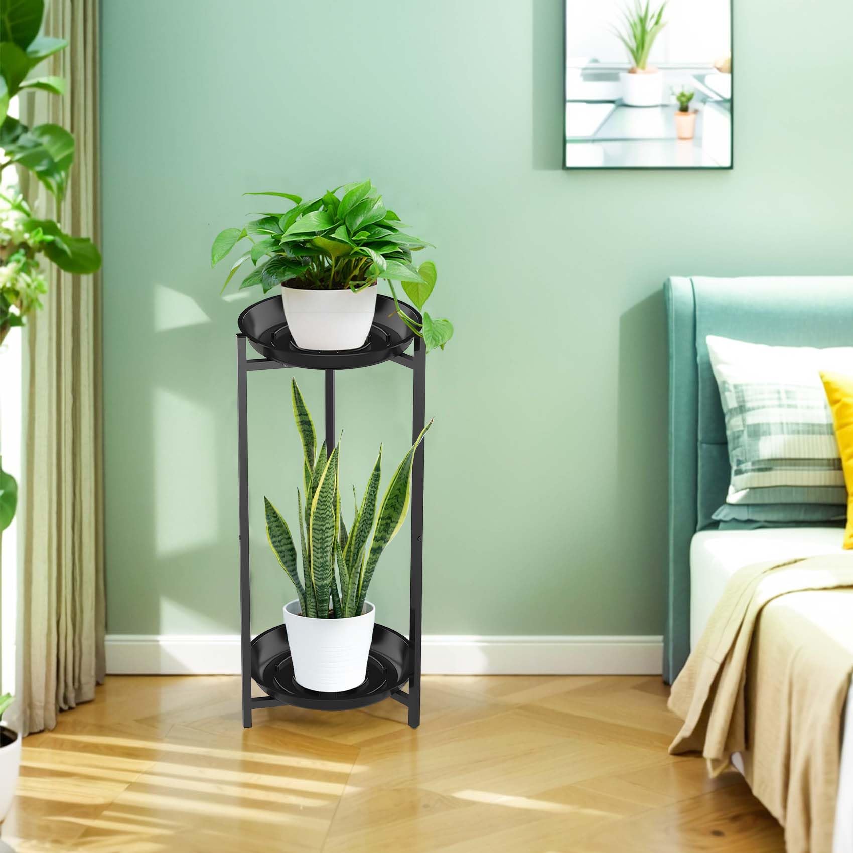 Lnrkai - Soporte de plantas de 2 niveles de metal para interiores, negro, estante alto redondo de esquina para múltiples plantas al aire libre, soporte de exhibición para macetas de flores para balcón