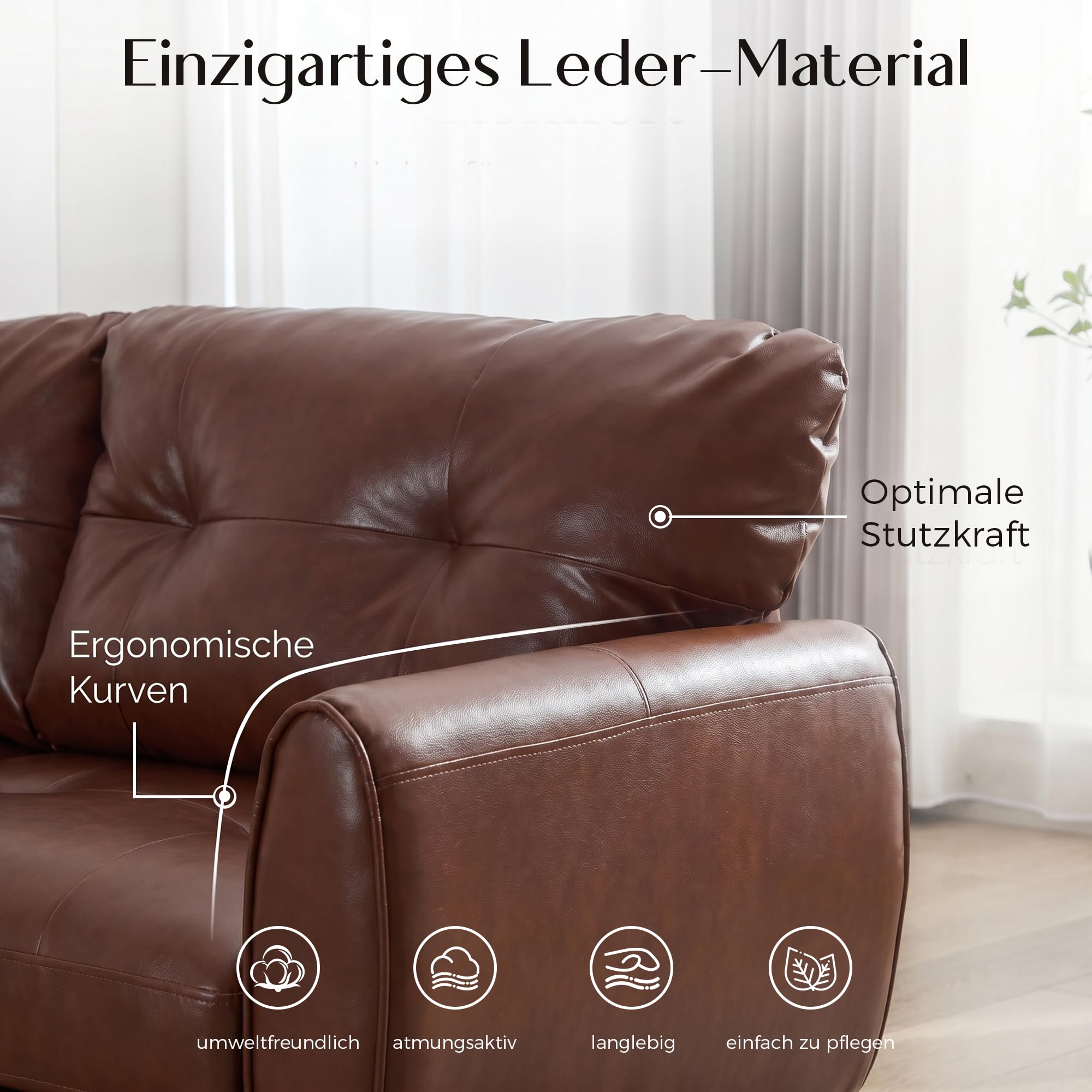 ROCSUMOO Kleiner 2-Sitzer-Sofa, Modernes Brauner Ledersofa, Comfy 2-sitzige Couch kunstledercouch 2er für Kleinwohnungen Wohnzimmer Schlafzimmer (Braun, 1er Set)