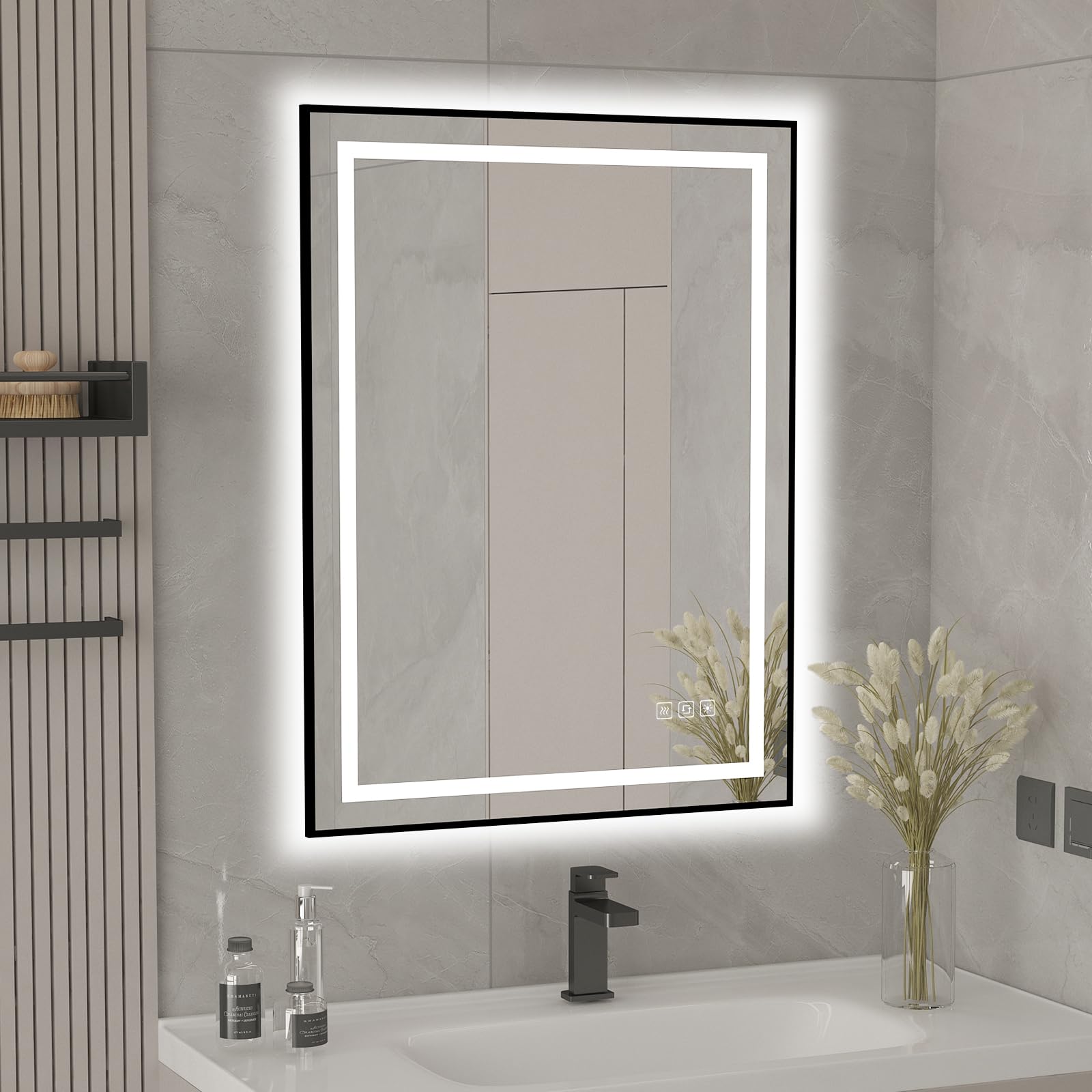 furduzz Bathroom LED Mirror with Black Frame, 600 x 800 mm Wall-Mounted Vanity Mirror with Front and Backlit Lights, Memory Function, Dimmable, Anti-Fog Hanging Makeup Mirror (Horizontal/Vertical)