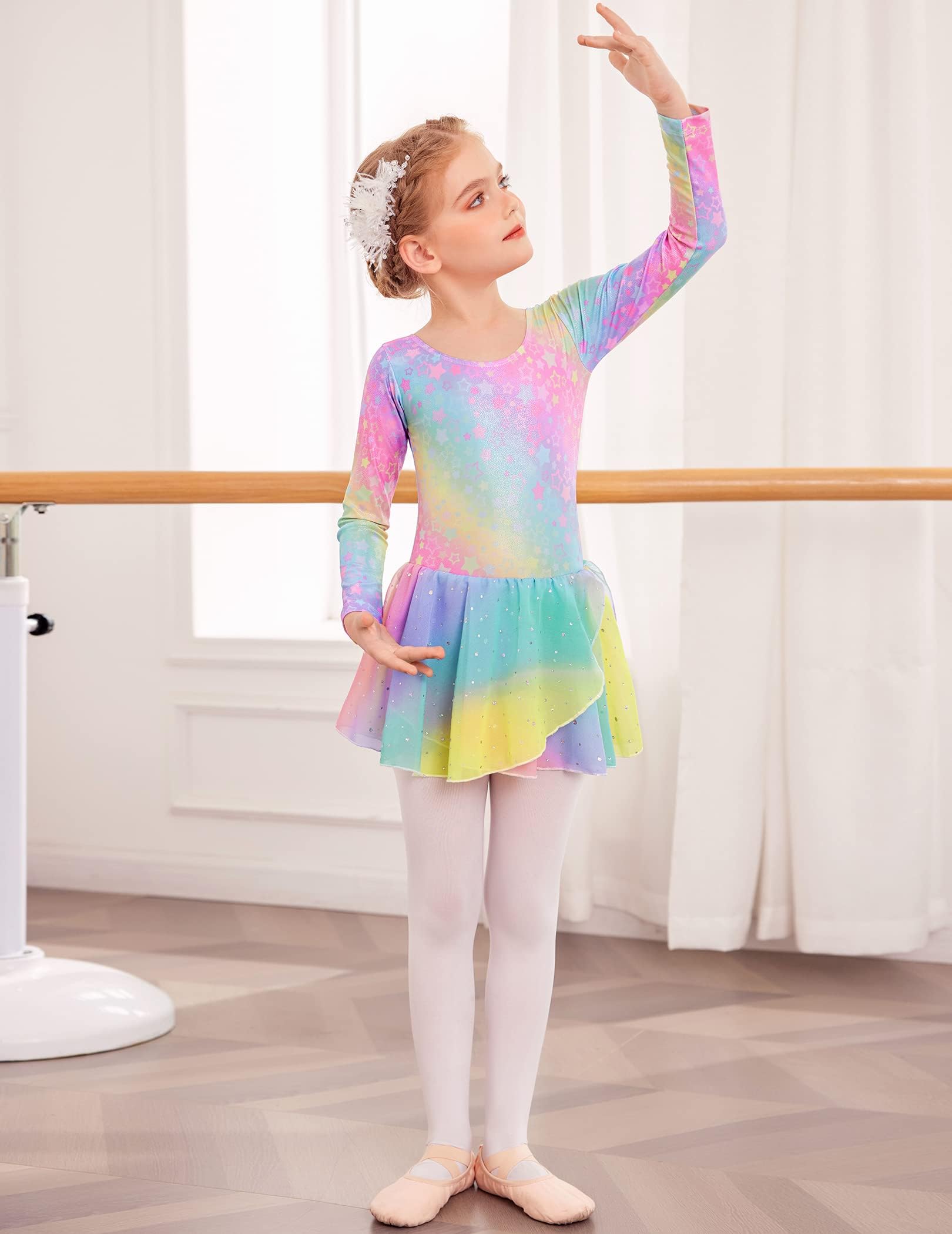Arshiner Ropa de Ballet para Niñas de 2 a 10 Años Vestido de Ballet de Manga Larga Vestido de Danza de Ballet para Niños Traje de Ballet de Algodón Sin Espalda Mono de Baile con Falda de Ballet Tutú