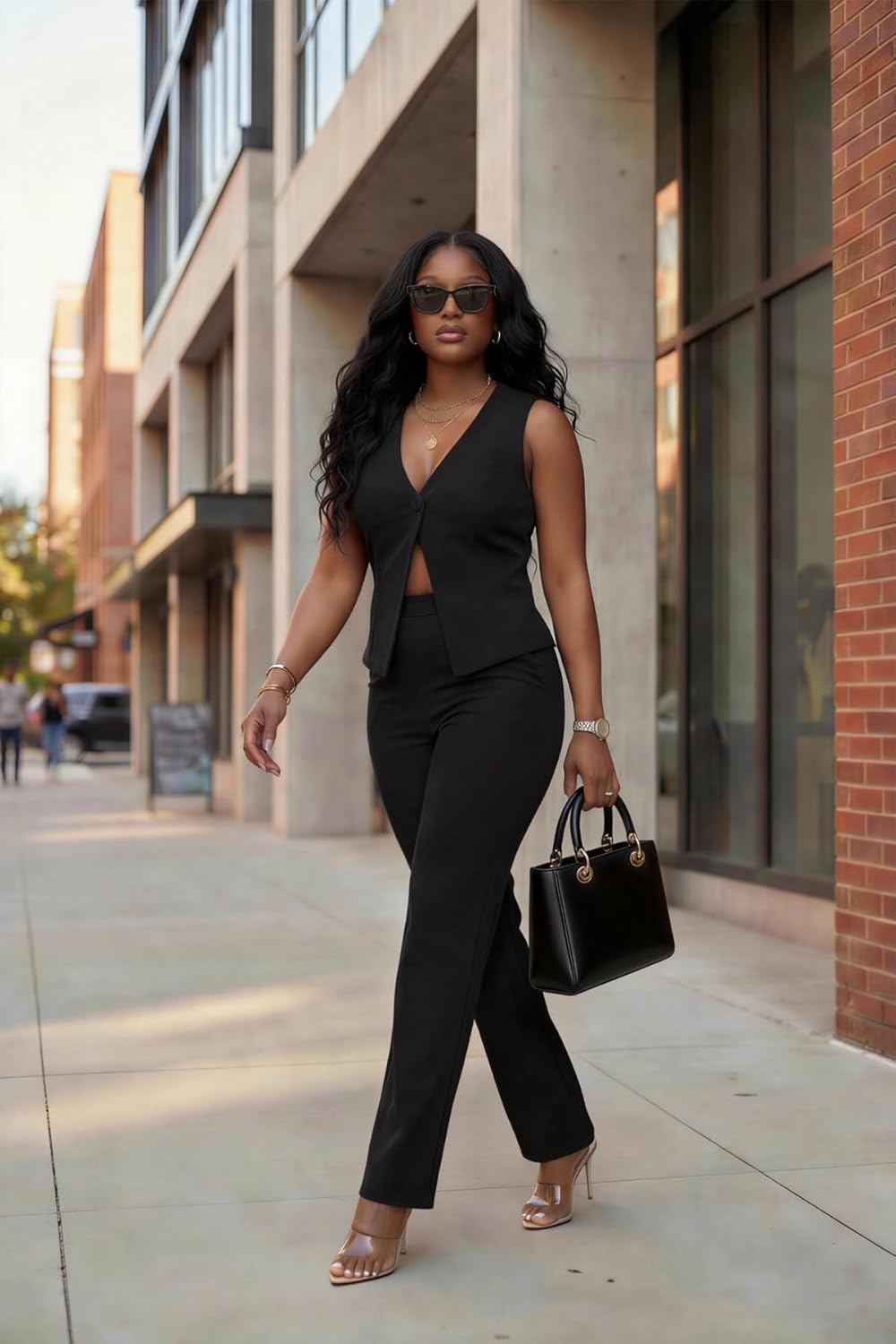 Ophestin Women's 2 Piece Pant Suits Dressy Backless Vest Blazer and Straight Leg Pantsuit Set Business Casual Outfits - Image 2