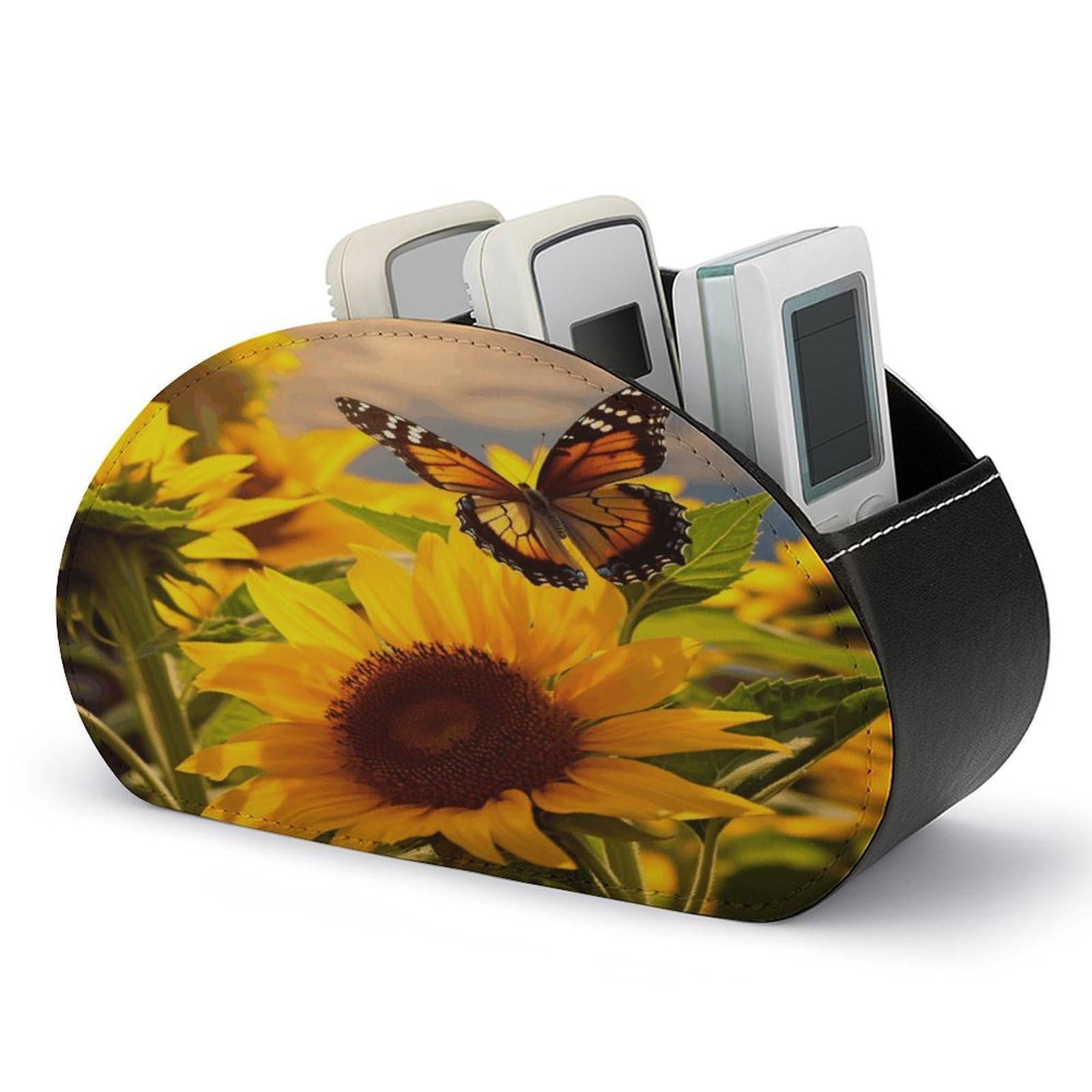 VstaDank Sunflower Butterfly Remote Control Holder with 5 Compartments Pu Leather TV Remote Caddy Storage Box Desktop Organizer Store Controller DVD Brush Pens Glasses&Office Supplies