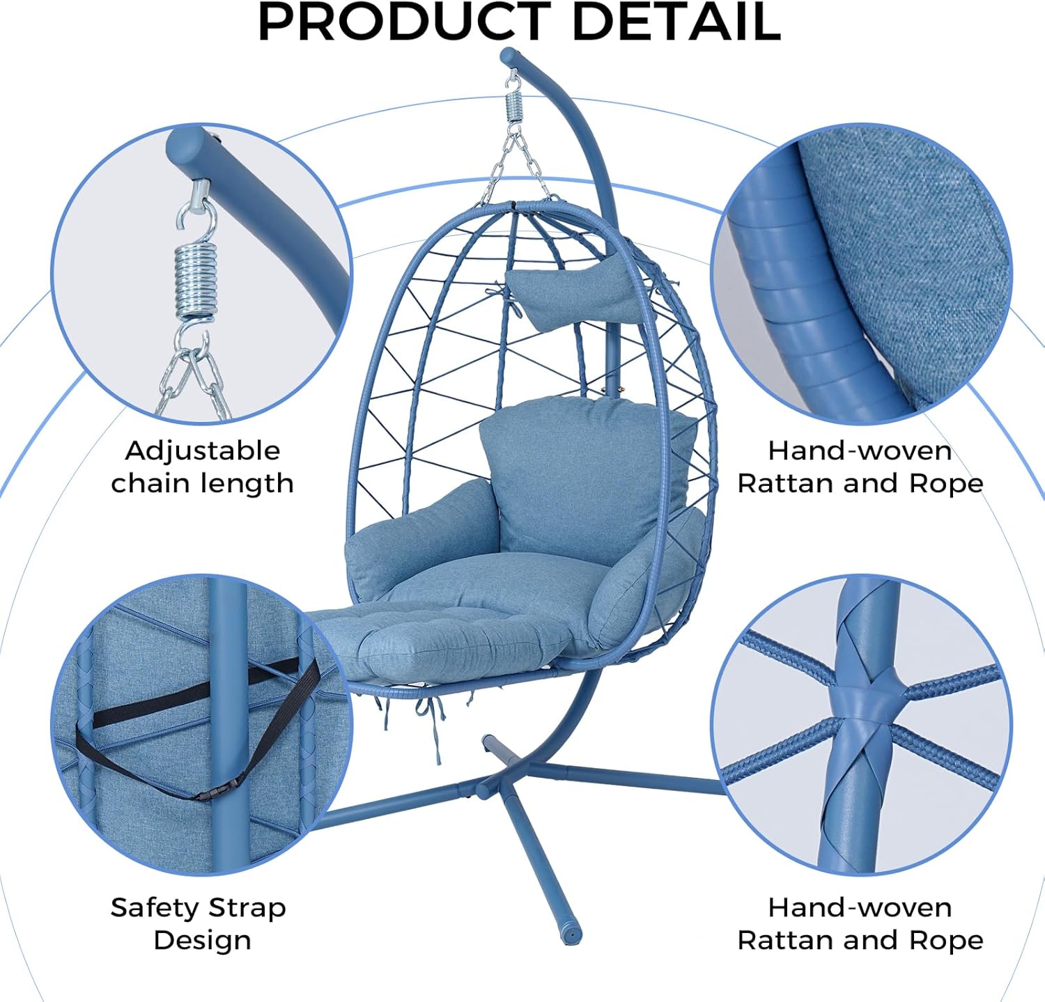 Hanging Egg Chair with Leg Rest and Stand with Stand Outdoor Indoor Rattan Wicker Swing Hammock Chairs with Cushions & Headrest 350 lbs Capacity Egg Swing Chair (Blue and Blue)