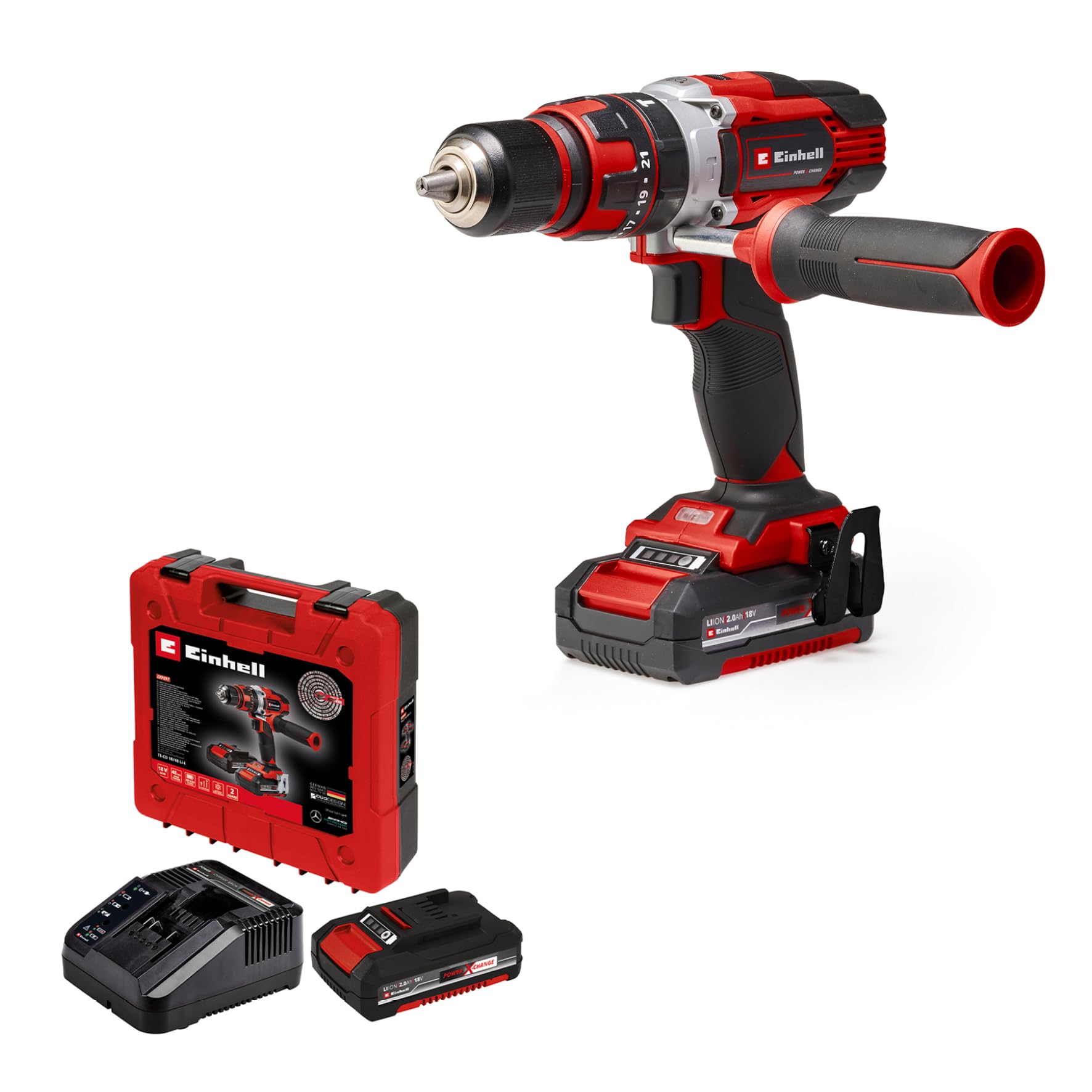 Einhell Cordless Drill with 2X Batteries, Charger and E-Box Carry Case Power X-Change, 2 Speed Gearbox, 48Nm, Chuck Capacity 2-13mm TE-CD 18/48 Li-i (2x2,0Ah)