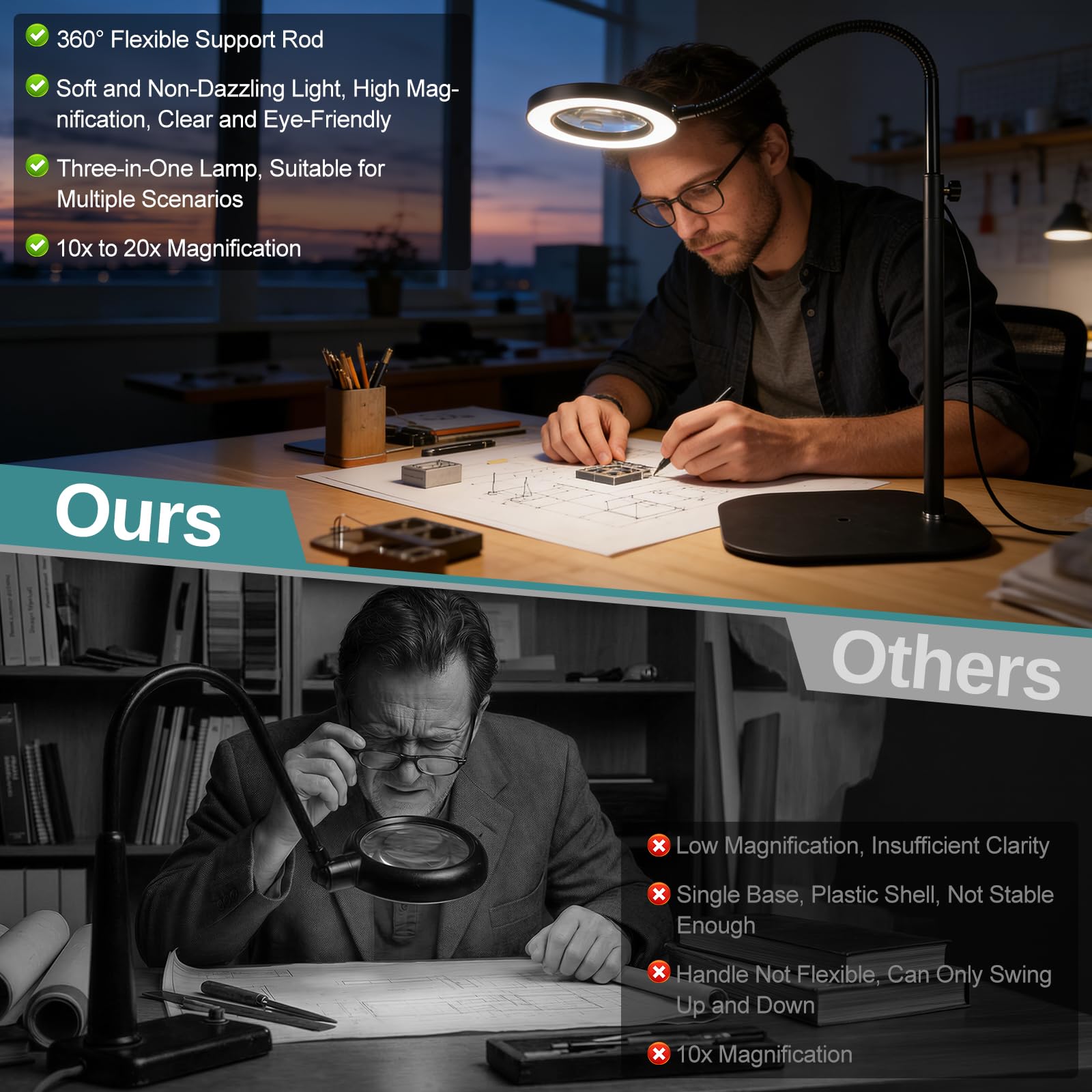 Lupa 3 en 1 con luz y soporte, 10 x 360 ° lámpara de pie LED con brazo giratorio flexible, 3 modos de color, lupa de lectura continua para personas mayores, para leer, manualidades, aficiones