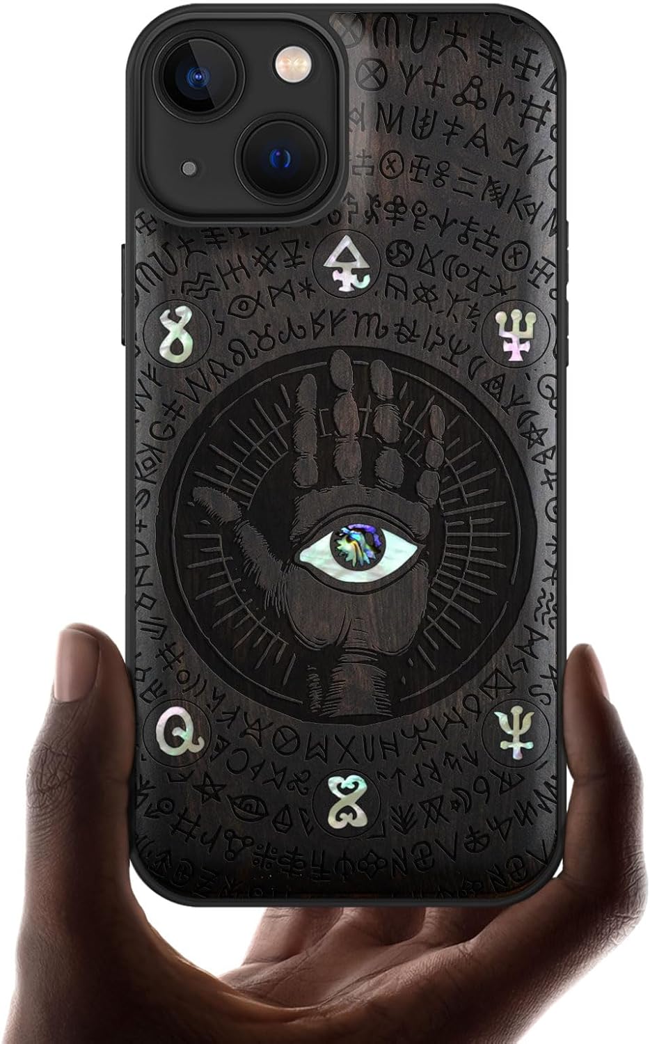 Carveit Designer Wooden Protective Case for iPhone 13 Magnetic Cover [Wood Engraving & Shell Inlay] Compatible with iPhone 13 MagSafe (Mandala Pattern-Rosy)